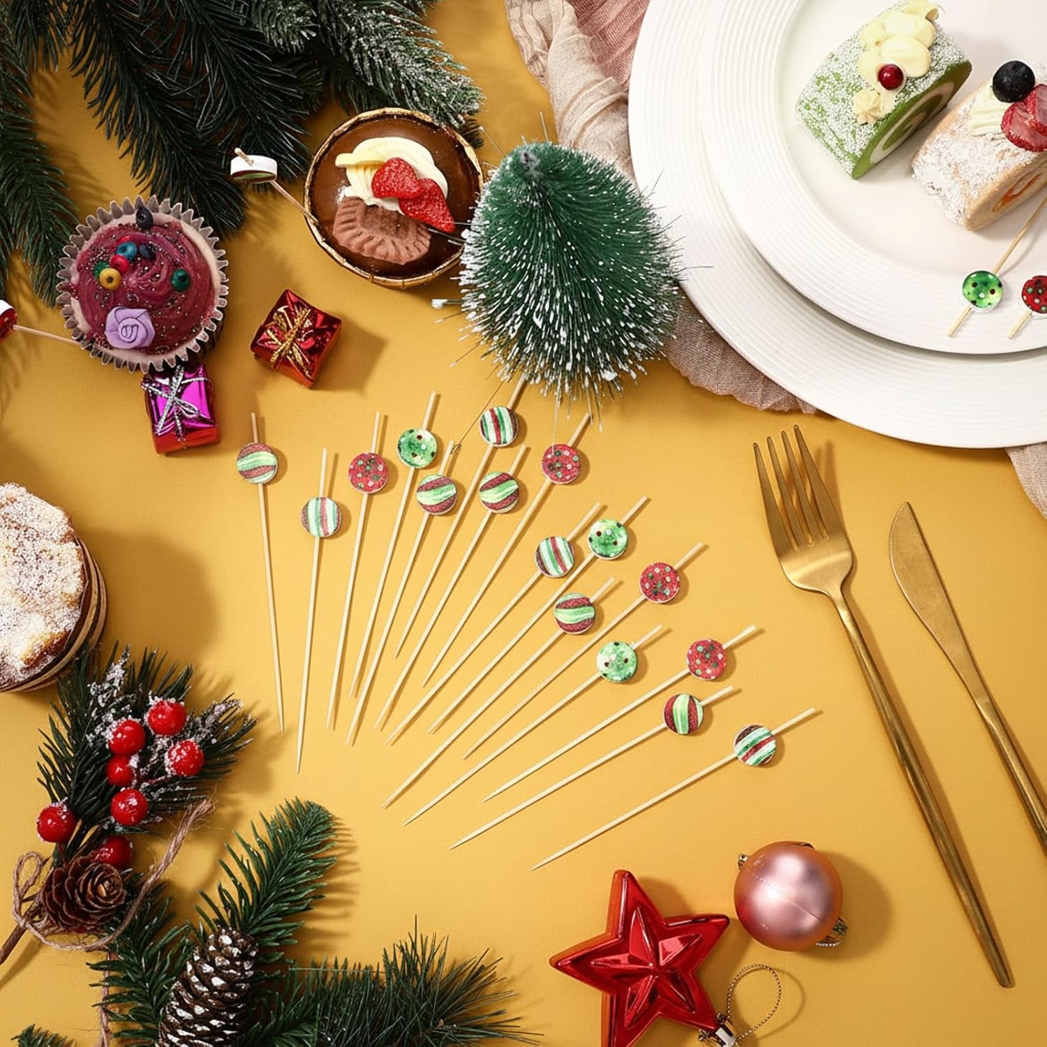 160 Pcs Christmas Cocktail Picks Xmas Ball Red Green Wooden Toothpicks for