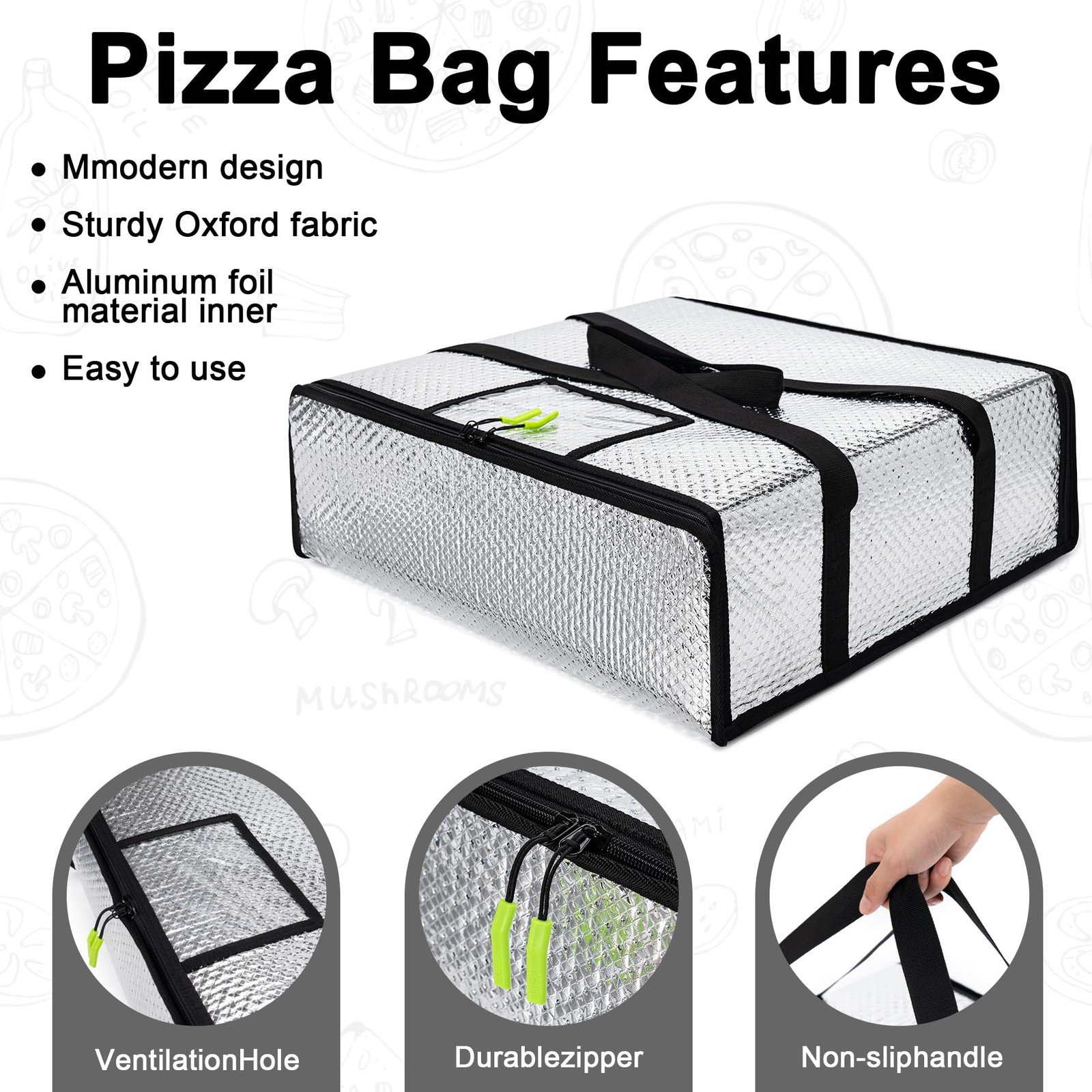 Pizza Bags Delivery 20x20x6 Inch Moisture Free Thermal Warmer Silver Uber Eats