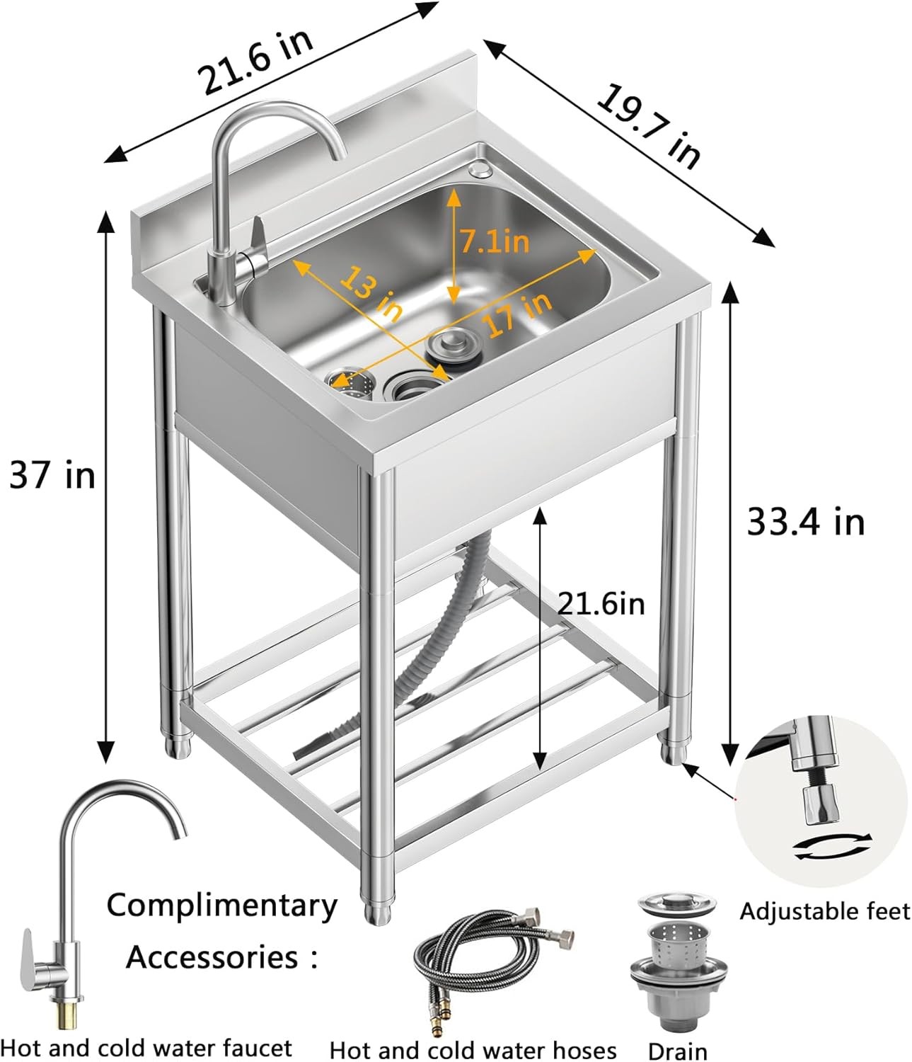 Free Standing Stainless Steel Single Bowl Commercial Sink 22in