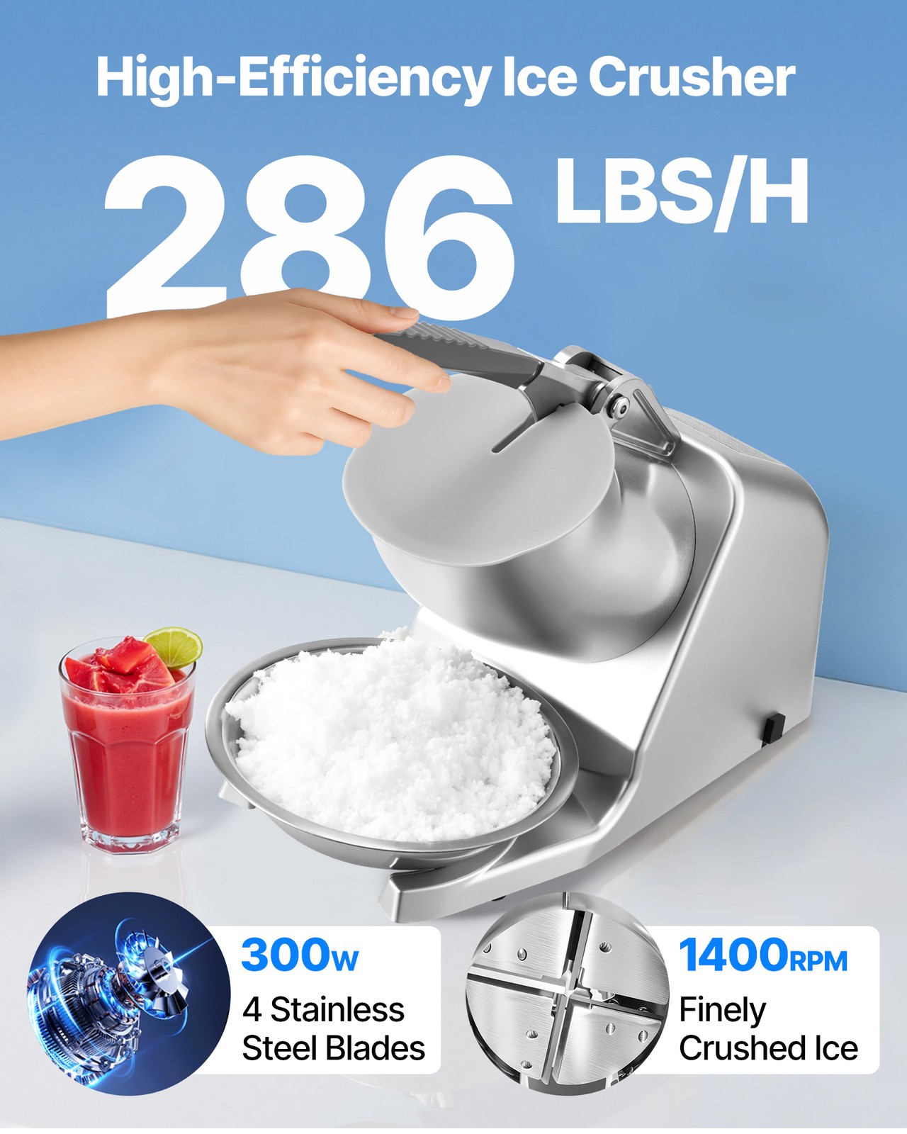 VEVOR Commercial Ice Crusher 286LBS/H Electric Snow Cone Maker Shaved Ice Silver