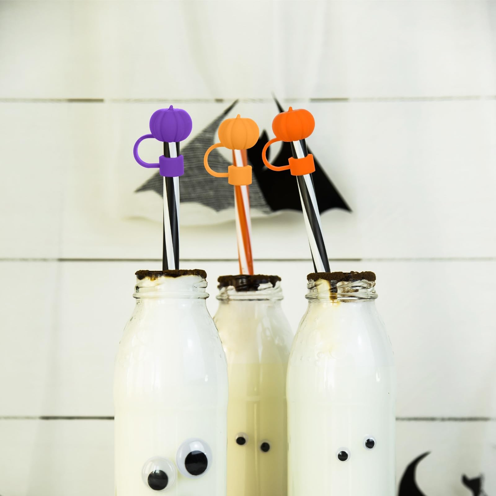 Whaline 4 Pcs Halloween Straw Cover Cap 0.4 inch, Orange Yellow Purple Black
