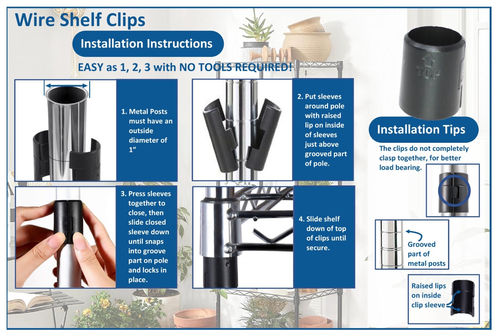1″ Diameter Wire Shelf Clips Shelving Split Sleeves Lock Locking Plastic 12 pair