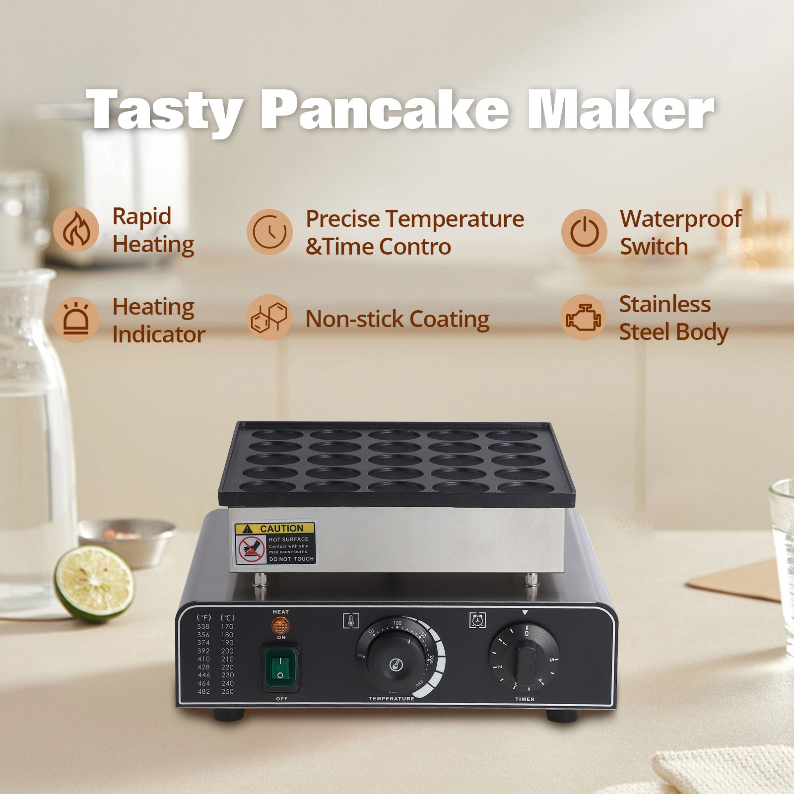 Garvee Mini Dutch Pancake Maker 25Pcs Non-stick 50-300°C Electric Waffle 50-300℃
