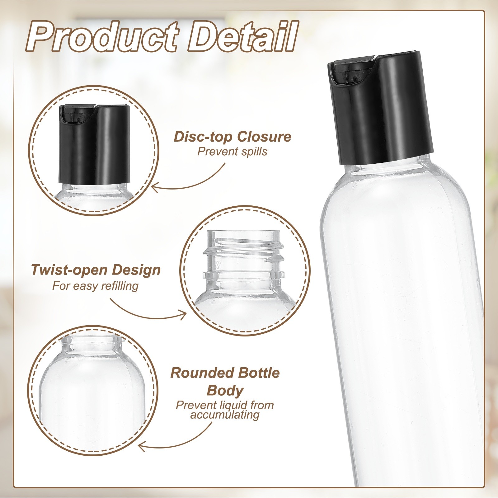 6Pcs 2oz Plastic Travel Bottles, Empty Bottles with Black Top Caps, Clear