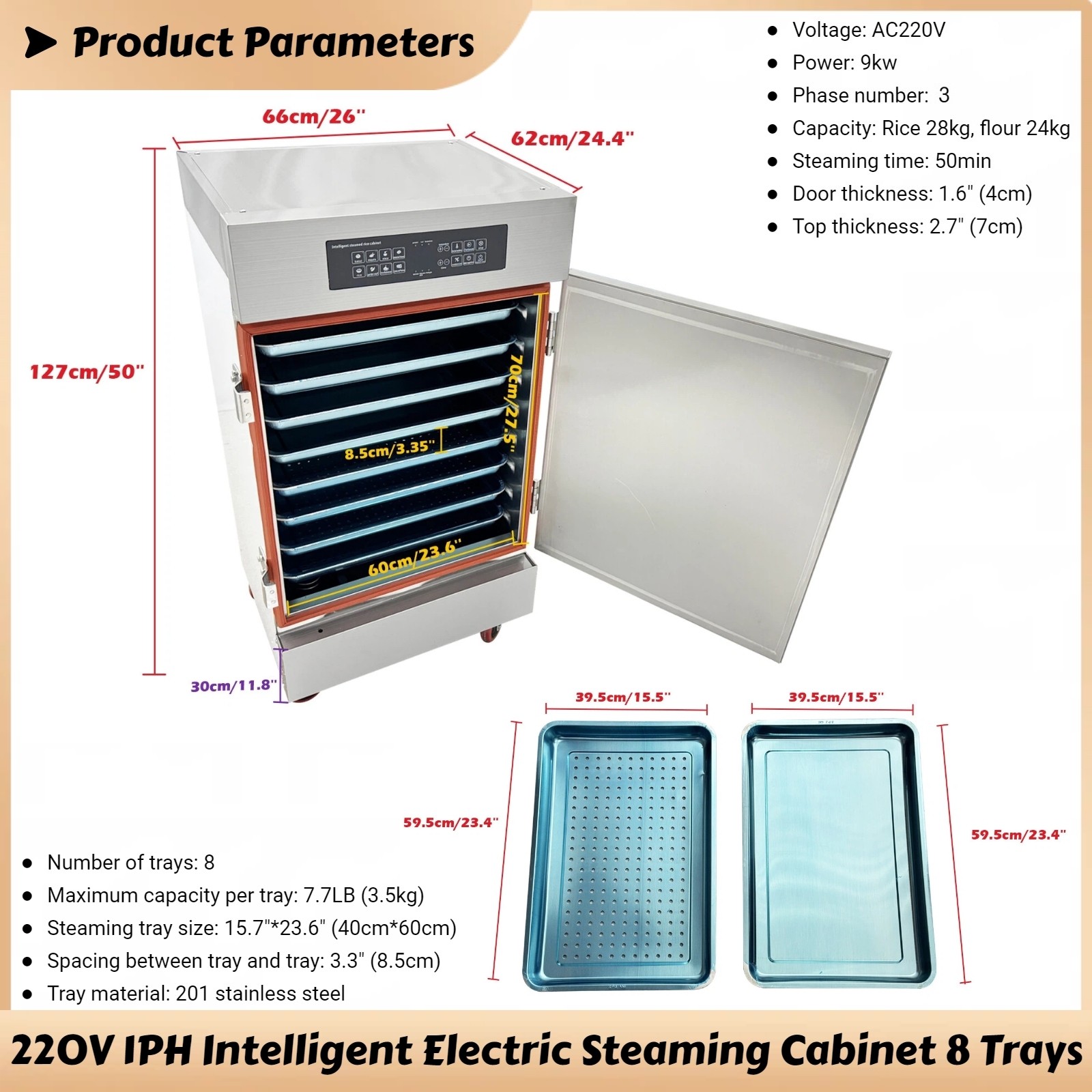 220V 3PH 8 Trays Intelligent Electric Steaming Cabinet Rice Steaming Box 9KW