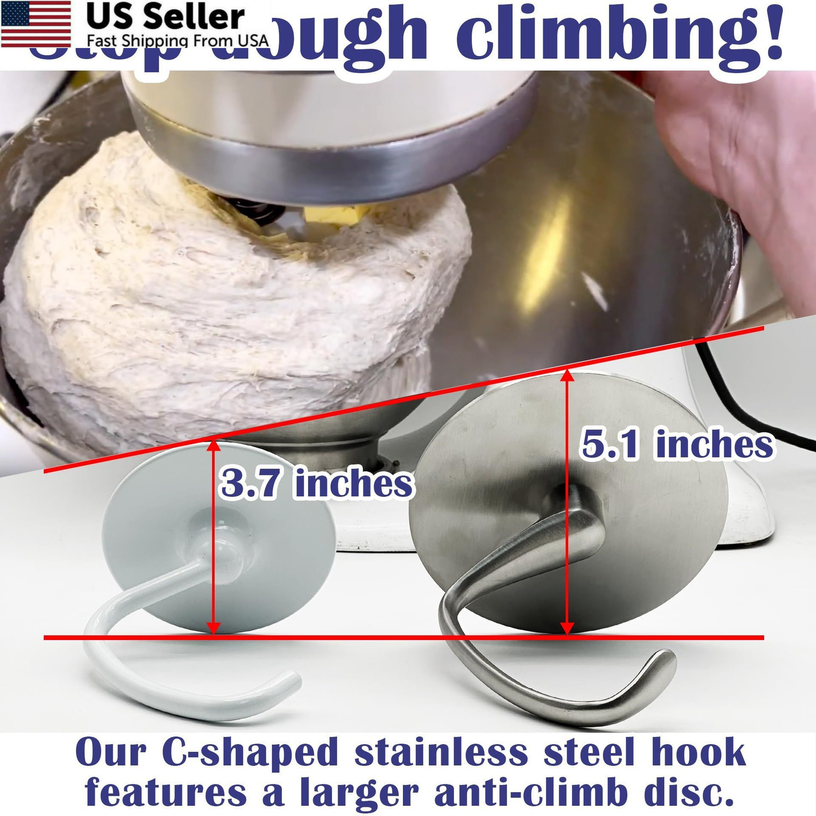 Merisch Anti-Climb Stainless Steel Dough Hook for KitchenAid MCH5, Sliver