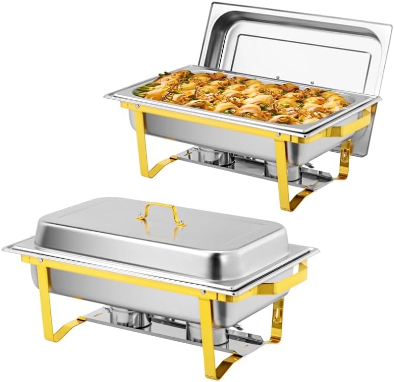 2 Pack Elegant Gold & Silver Chafing Dish Set, 9QT Commercial Buffet Warmers