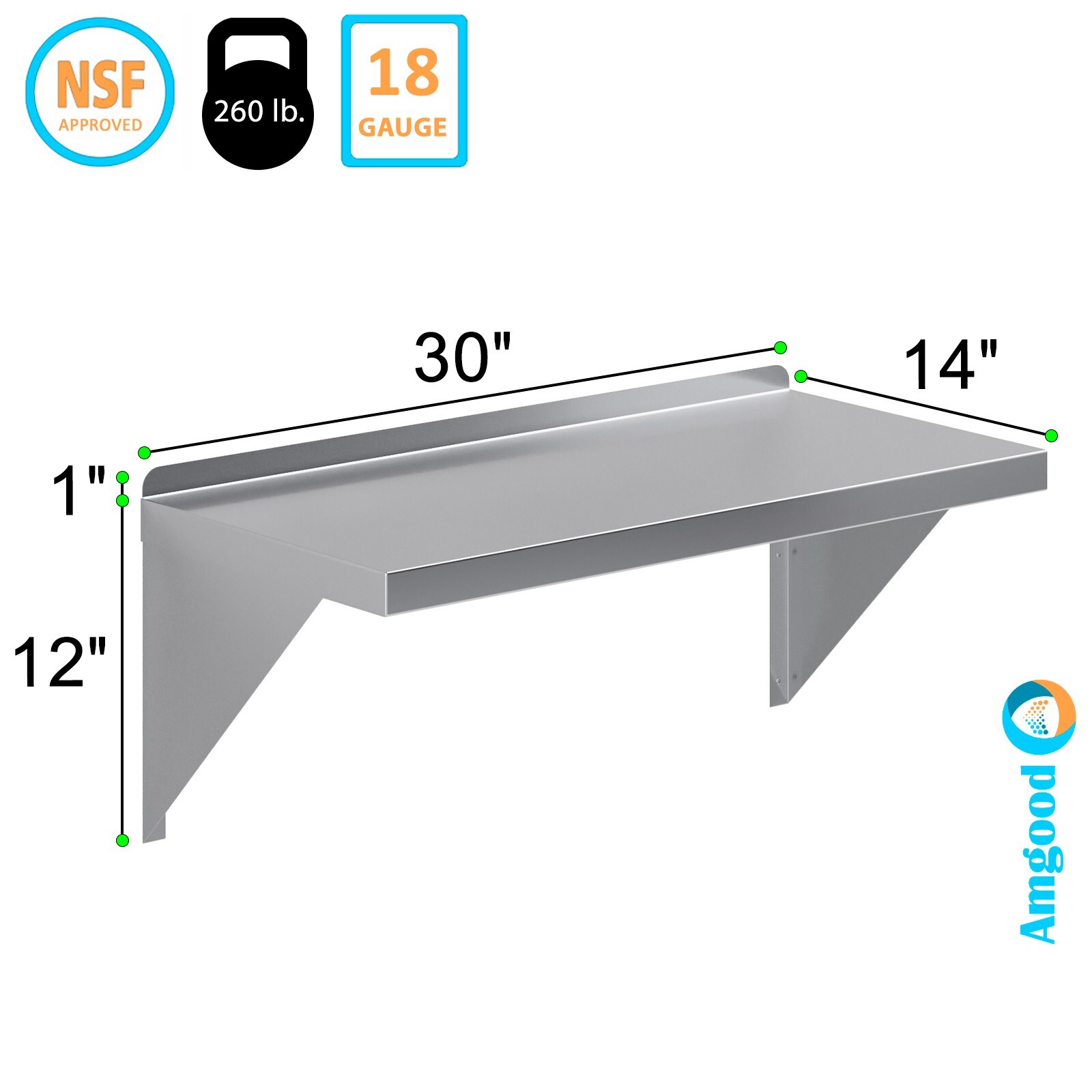 14″ Width x 30″ Length | Stainless Steel Wall Shelf | Square Edge