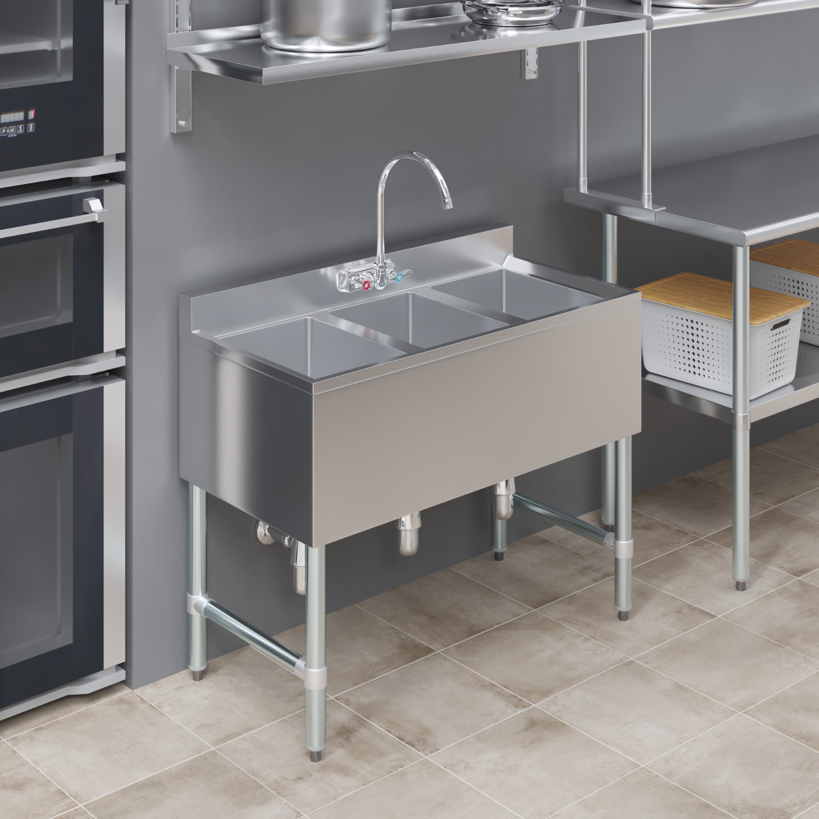 AmGood 38 in. x 19 in. Three Compartment Under Bar Sink. NSF