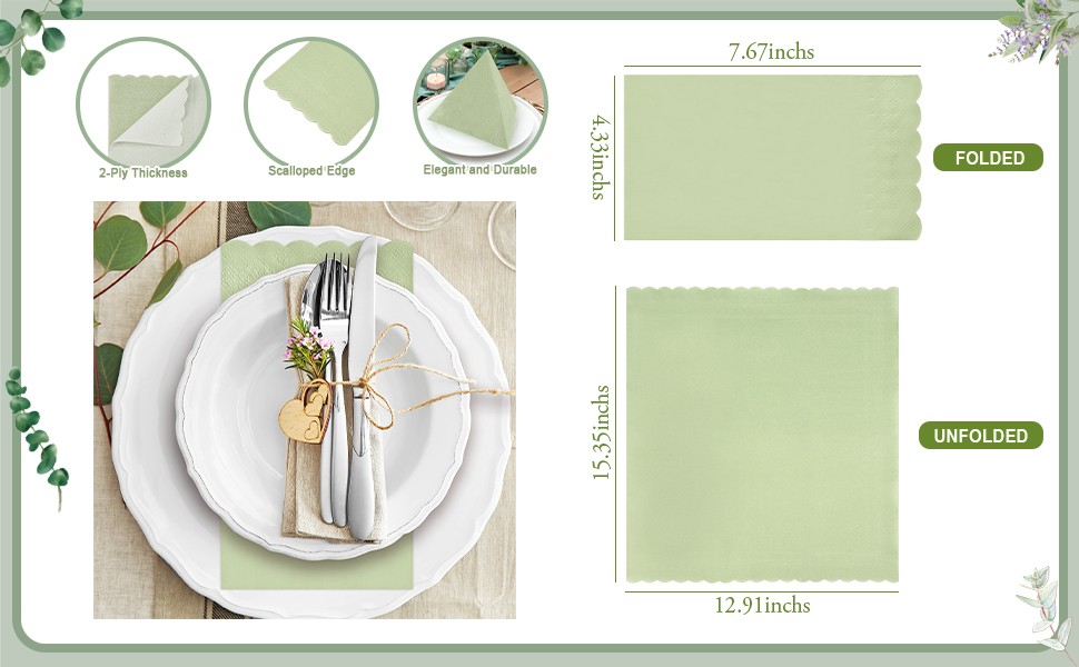 100 Pcs Sa Green Cotail Napkins 2 Ply 16 x 13 Inches Disposable Green