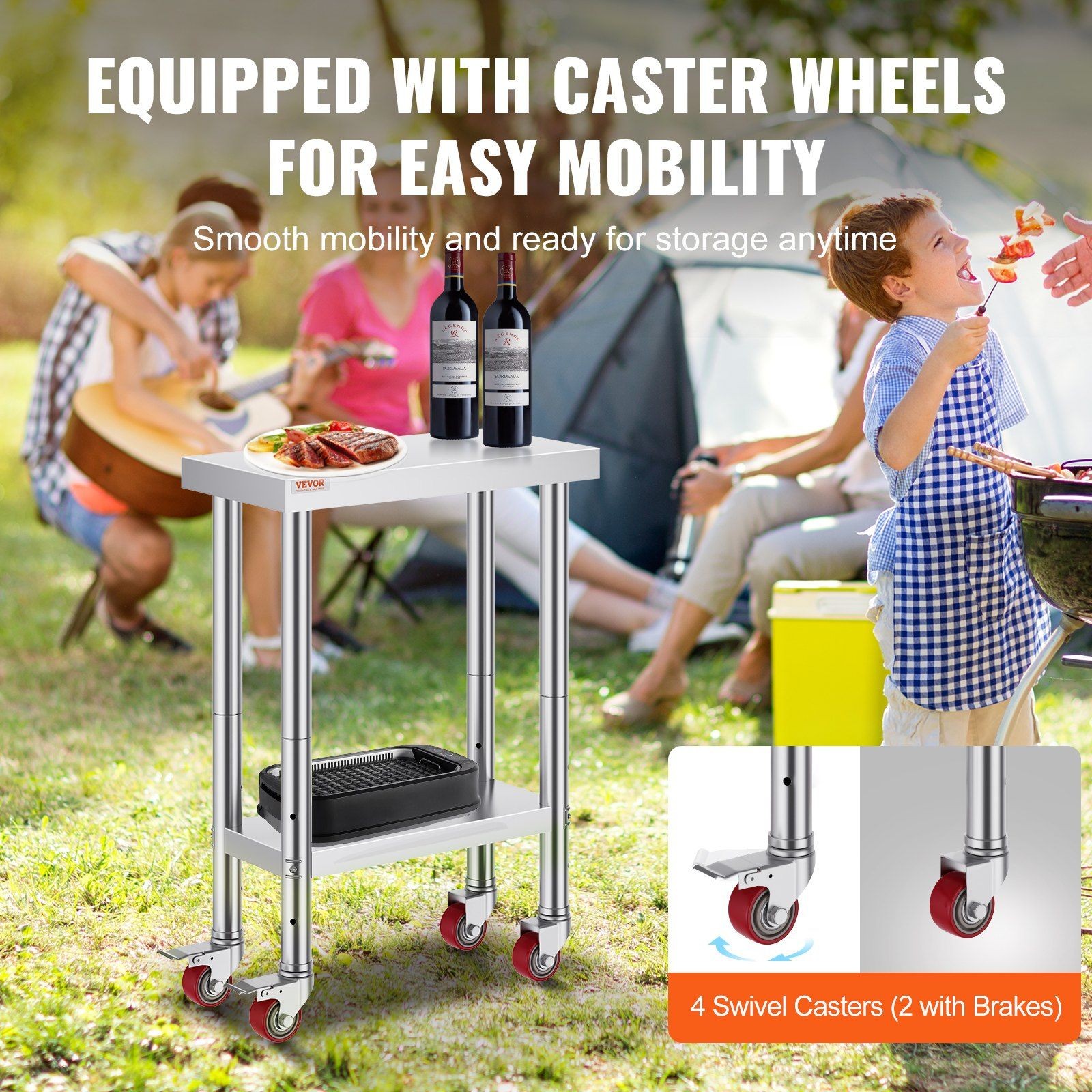 24x12in Heavy Load Stainless Steel Table with 4 Casters