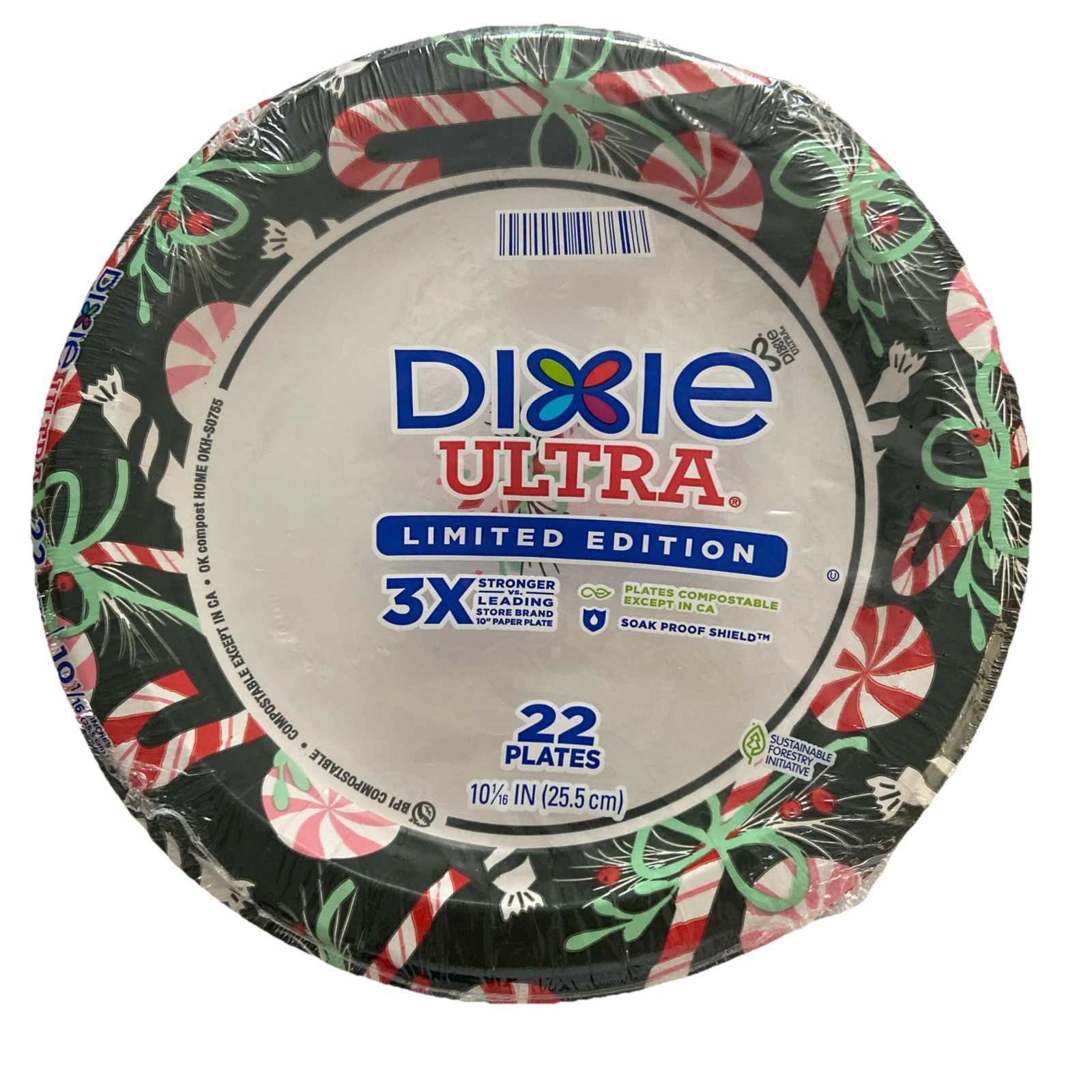 Dixie Ultra Large Paper Plates 10 Inch, 44 Count, 3X Stronger holiday candy cane