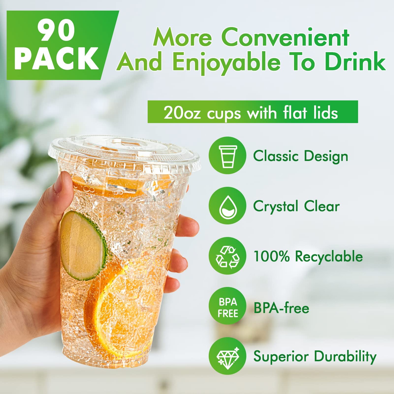 [90 Sets] 20 oz Clear Plastic Cups With Flat Lids, Disposable Drinking Cups, …
