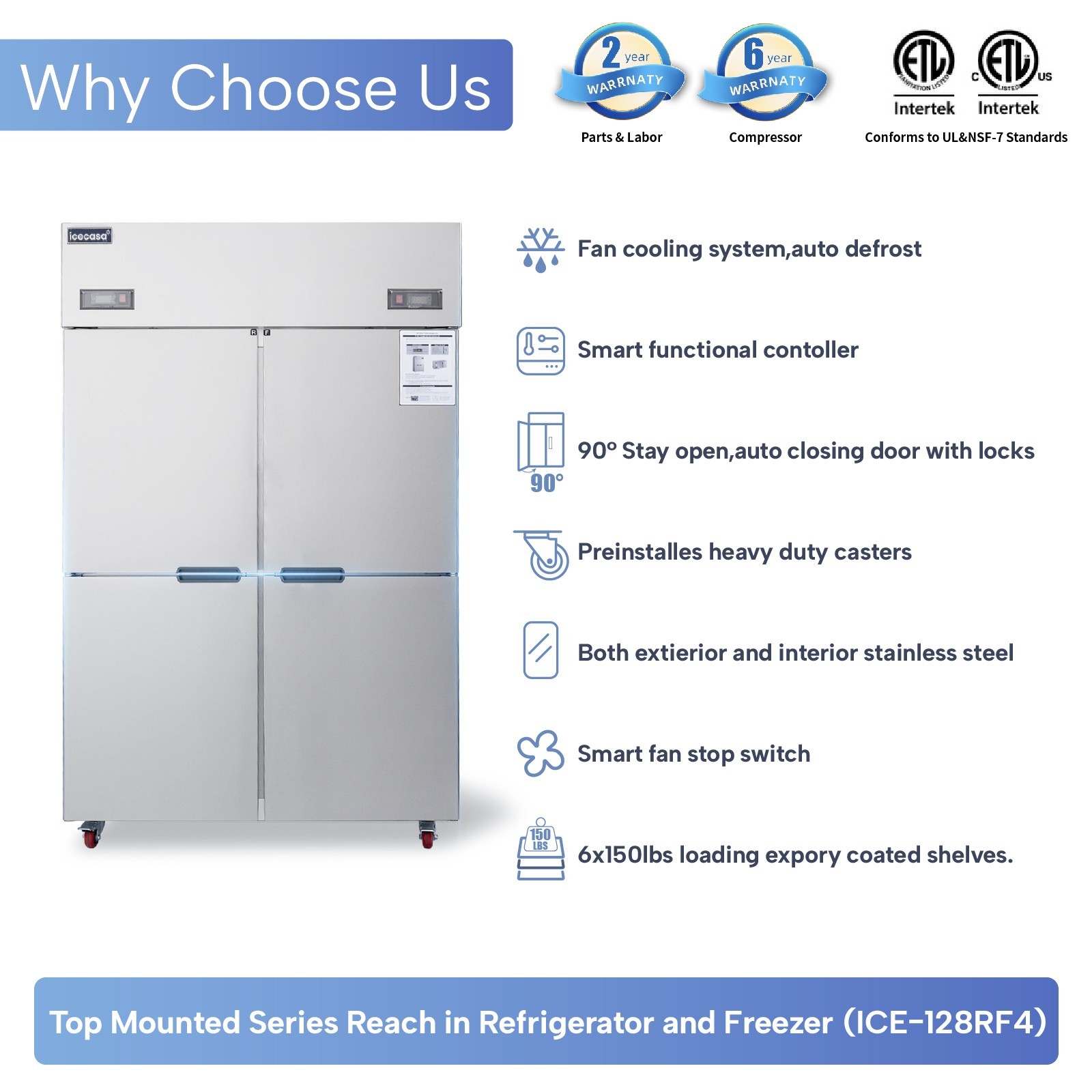 ICECASA 48″ Commercial Refrigerator Freezer Combo Split Door 33 Cu.ft Stainless