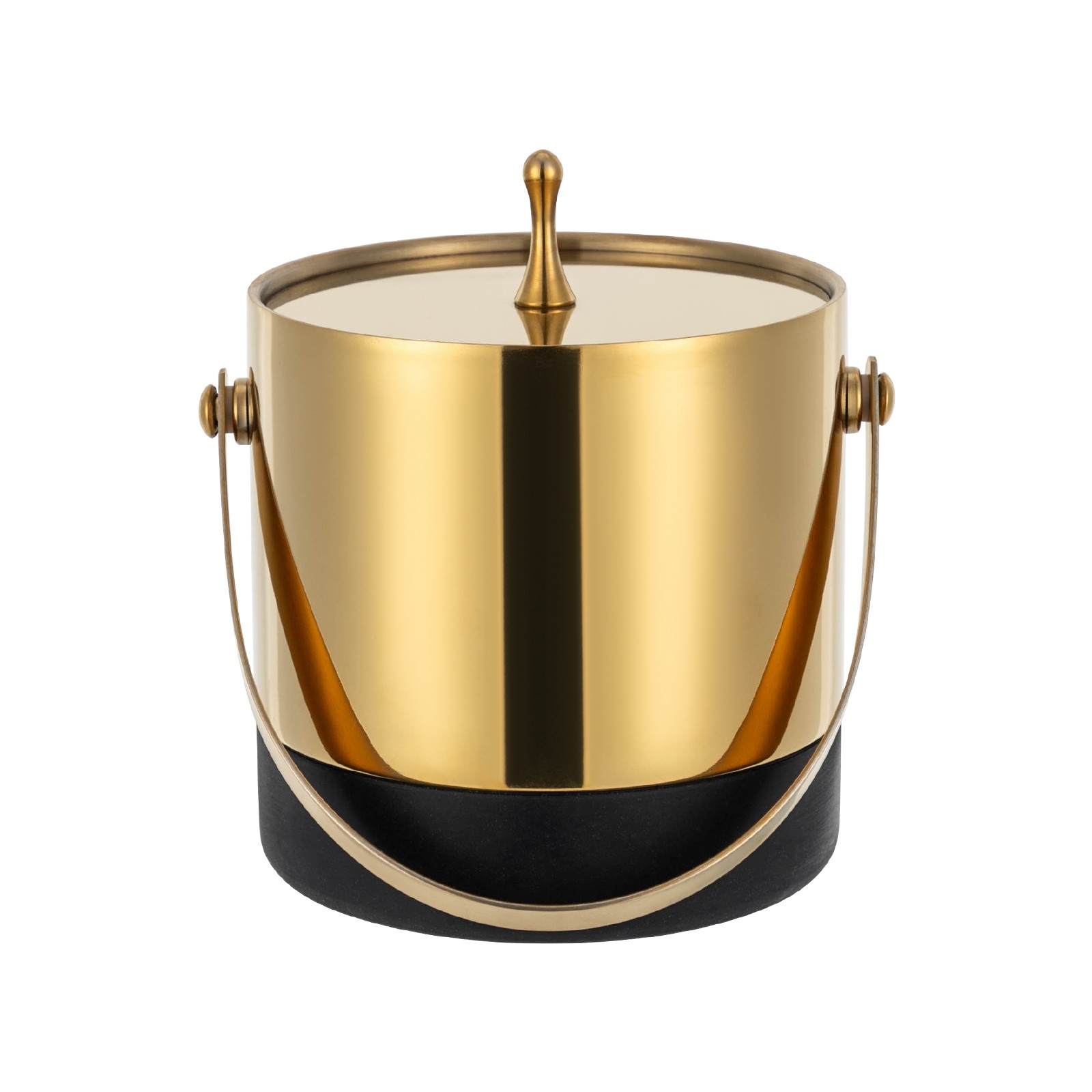 Modern Round Ice Bucket 1.4L Stainless Steel with Tong Strainer Lid Black/Gold