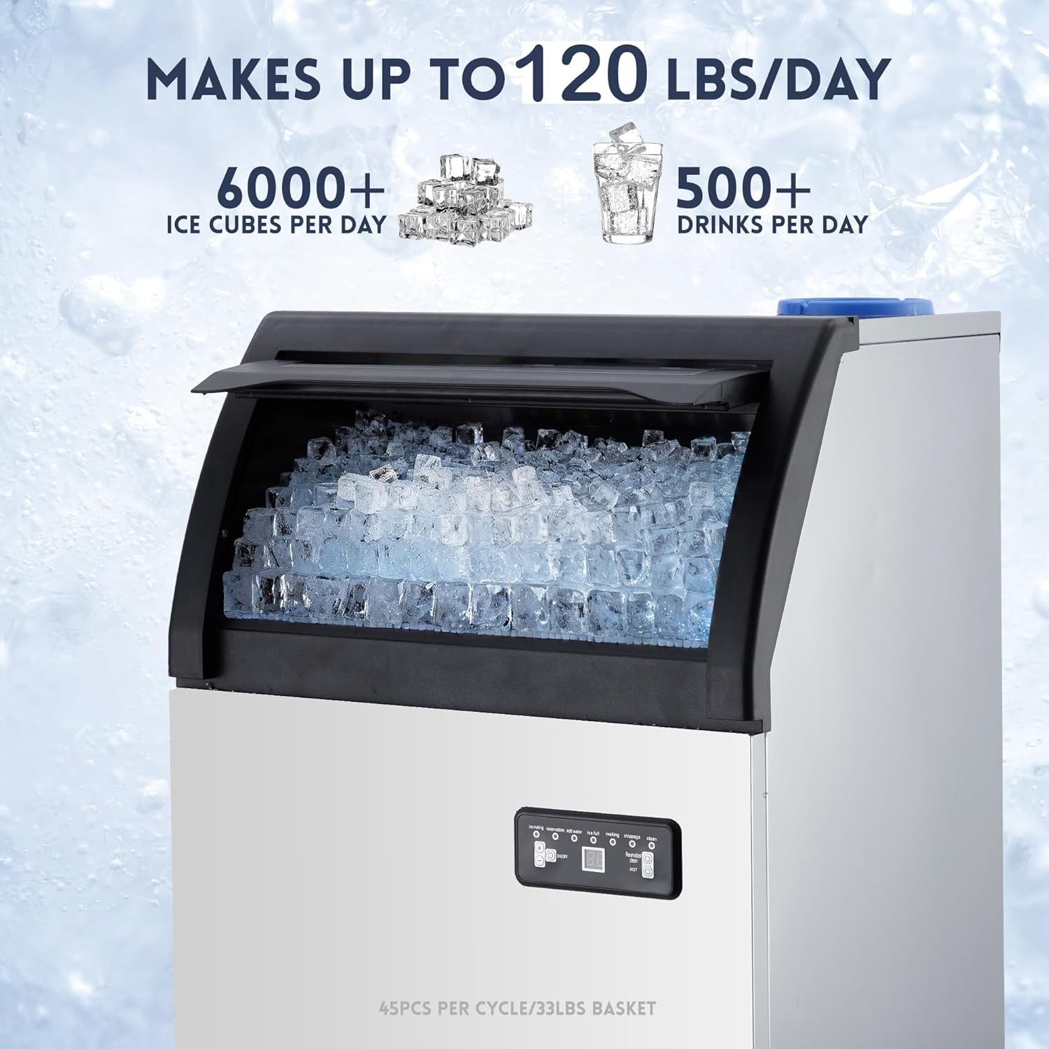 120LBS/24H Commercial Ice Maker 33LBS Bin Self-Clean Filter Home Bar Restaurant