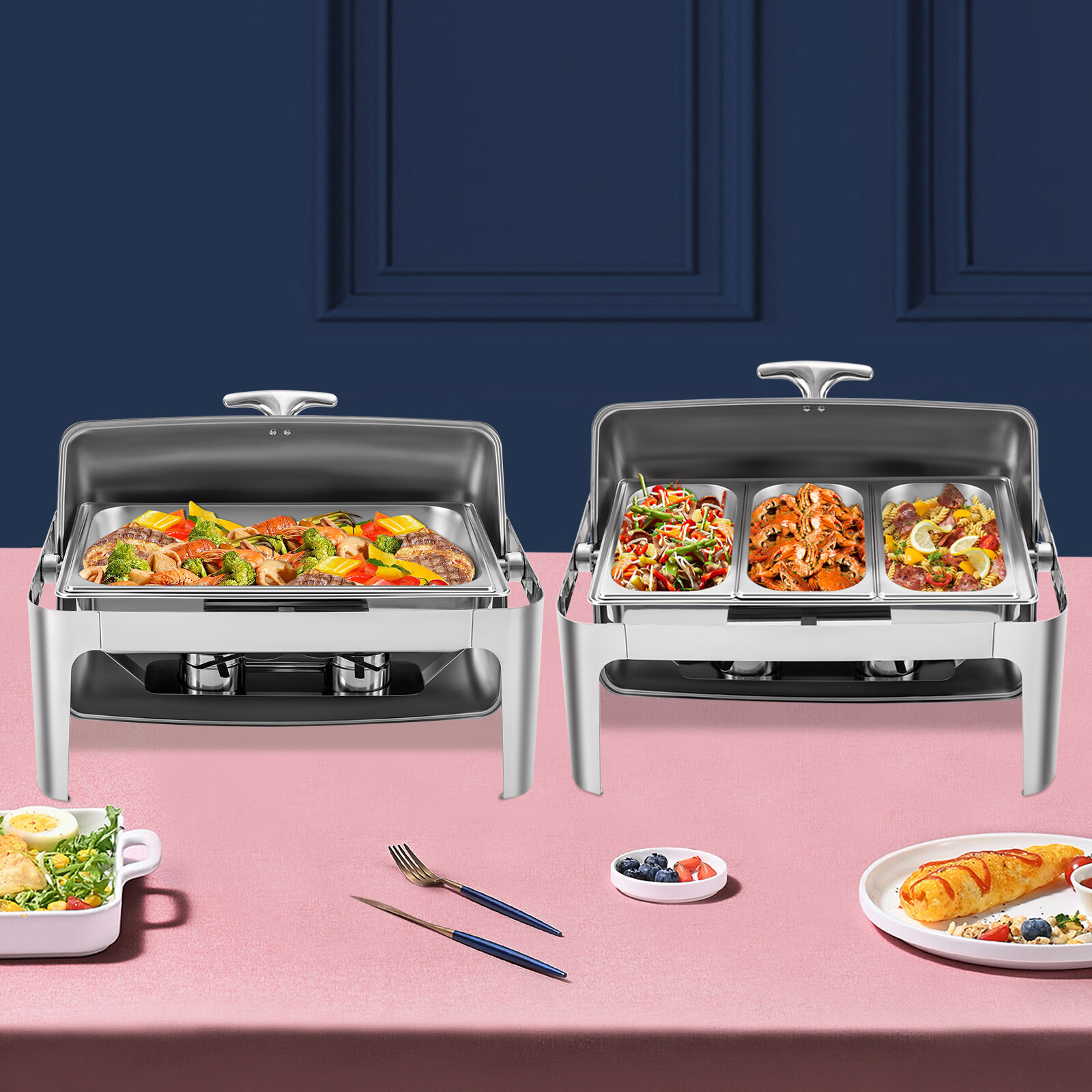 1 OR 3-compartment Roll Top Chafing Dish Buffet Set Pan Chafer Stainless Steel
