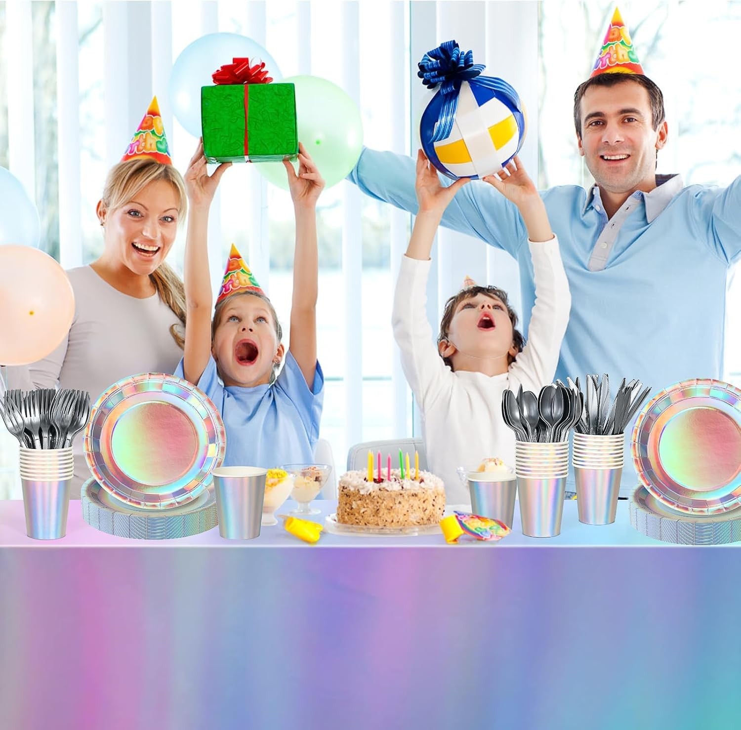 Iridescent Party Decorations,132 Pcs Disposable Iridescent Party Plates Cups