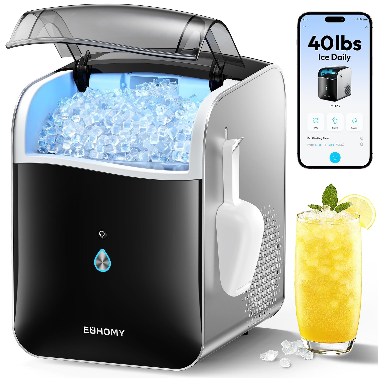 EUHOMY Smart Nugget Ice Maker Countertop, Pebble 40 lbs/day, Black