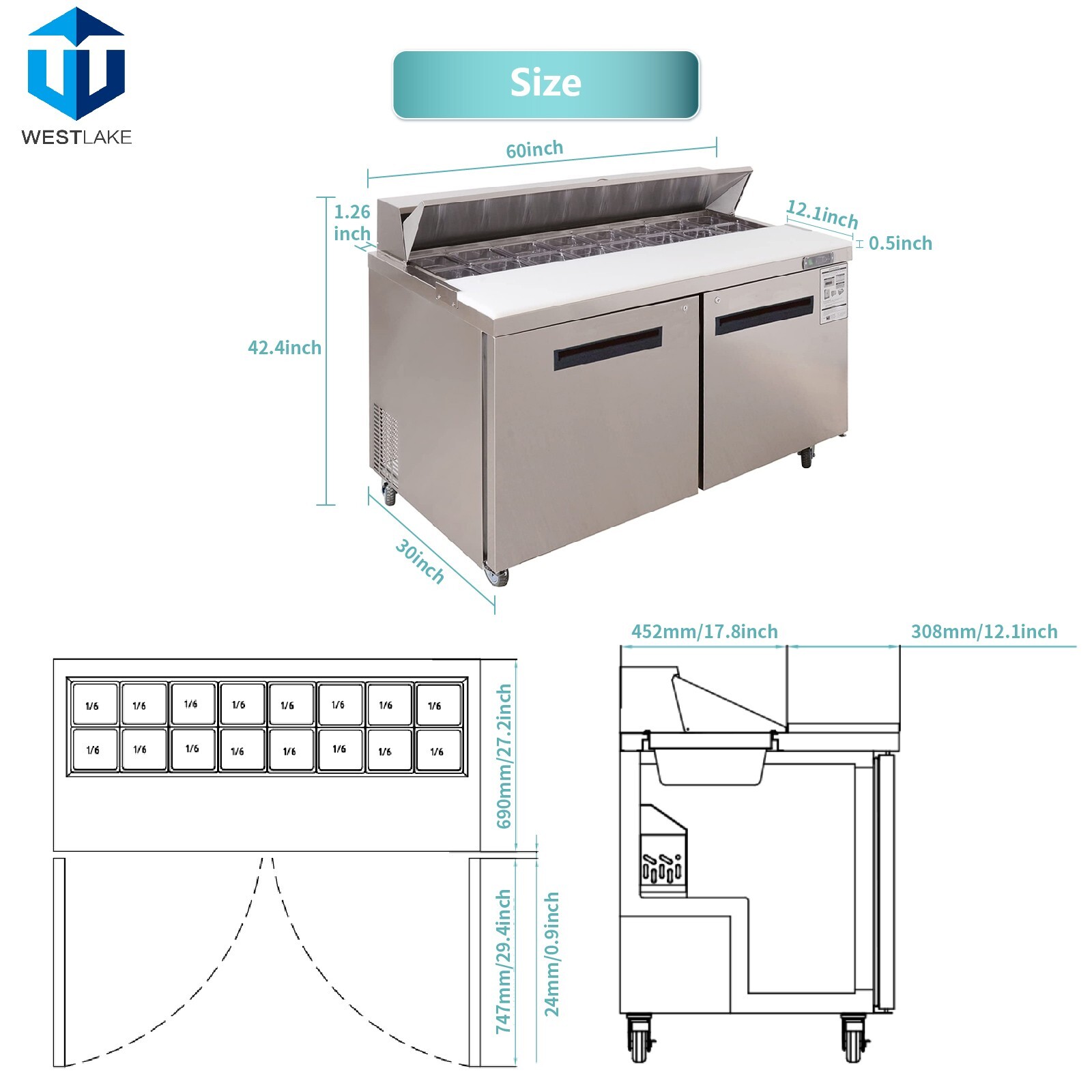 Salad Sandwich Prep Table, WESTLAKE 60″ 2 Door Refrigerated Prep Table, 16 Pans