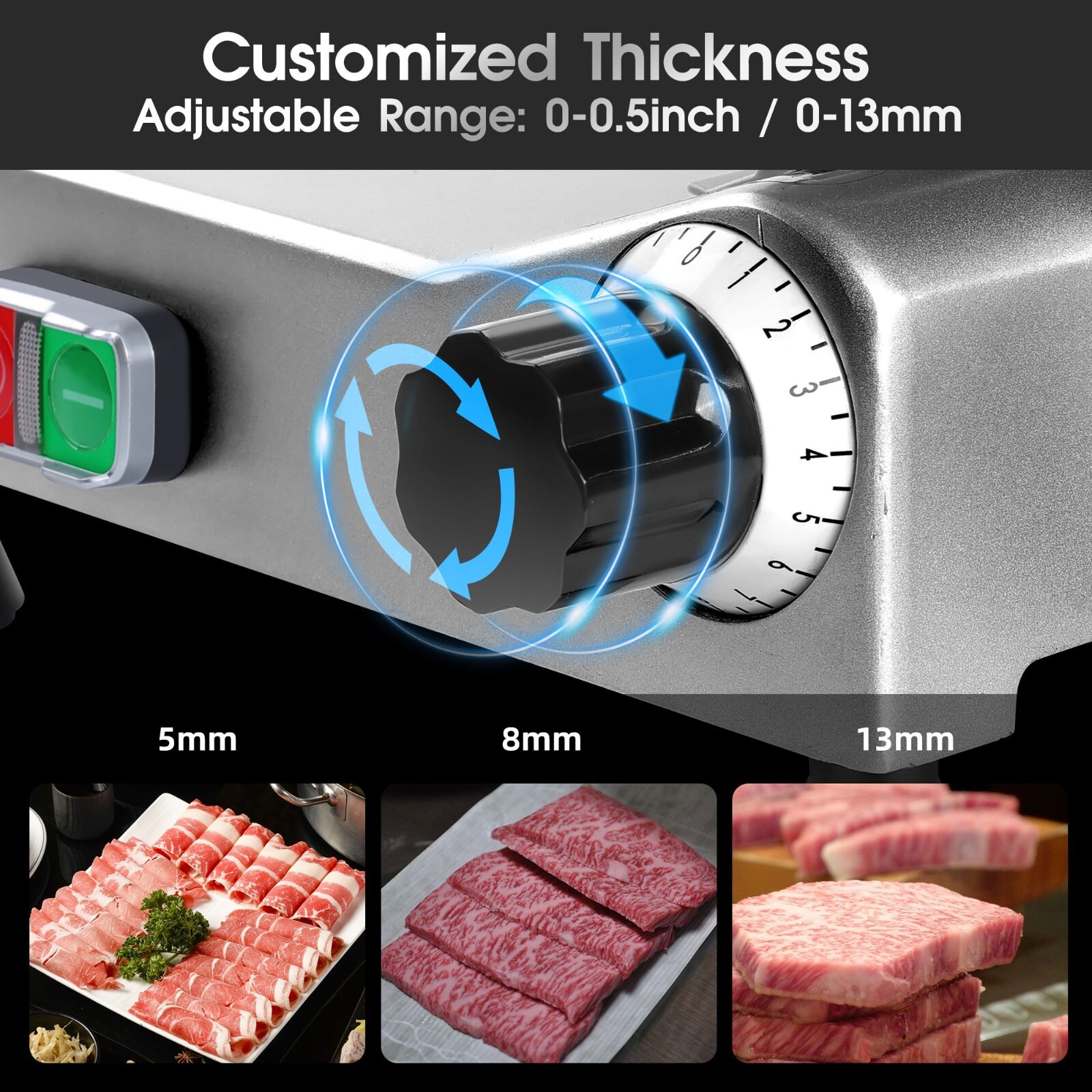Zomagas 10in Electric Meat Slicer Commercial&Home Use Adjustable 0-13mm Cutter
