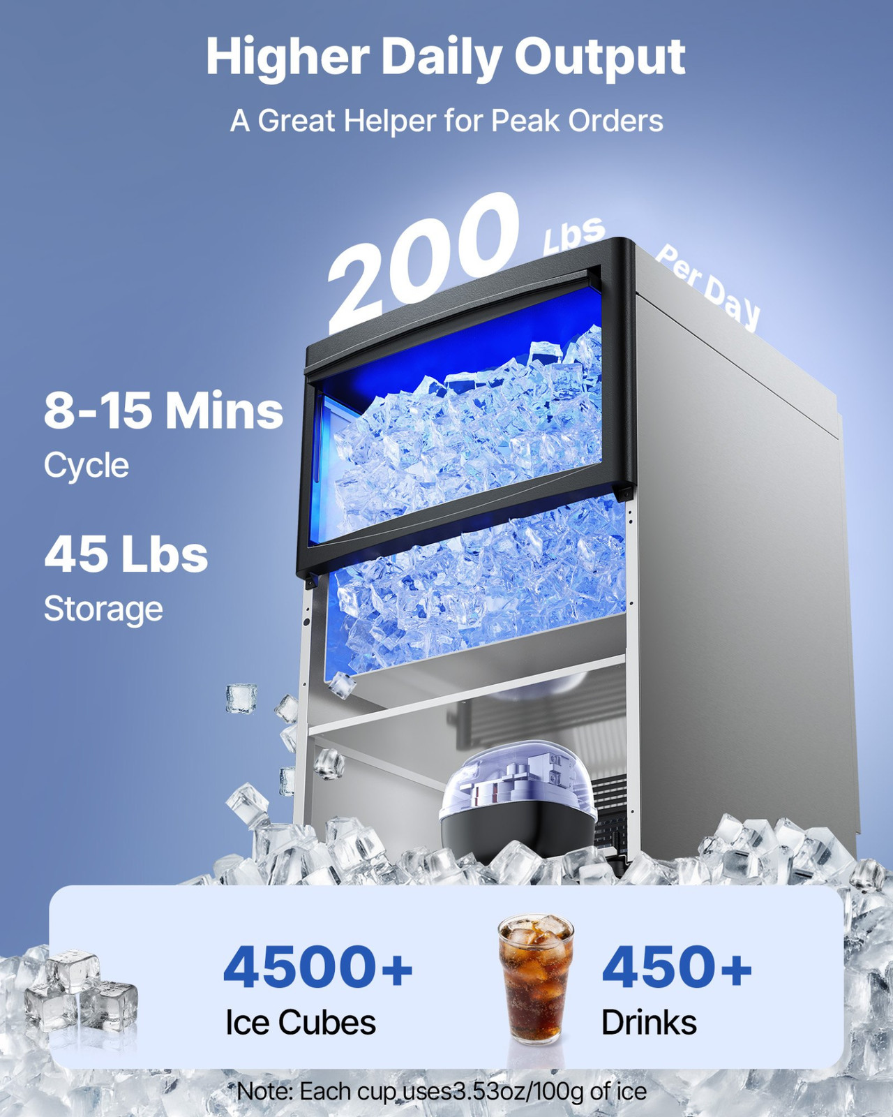 Commercial Ice Maker 200LBS/24H 50LBS Storage Under Counter w/ Self-Clean