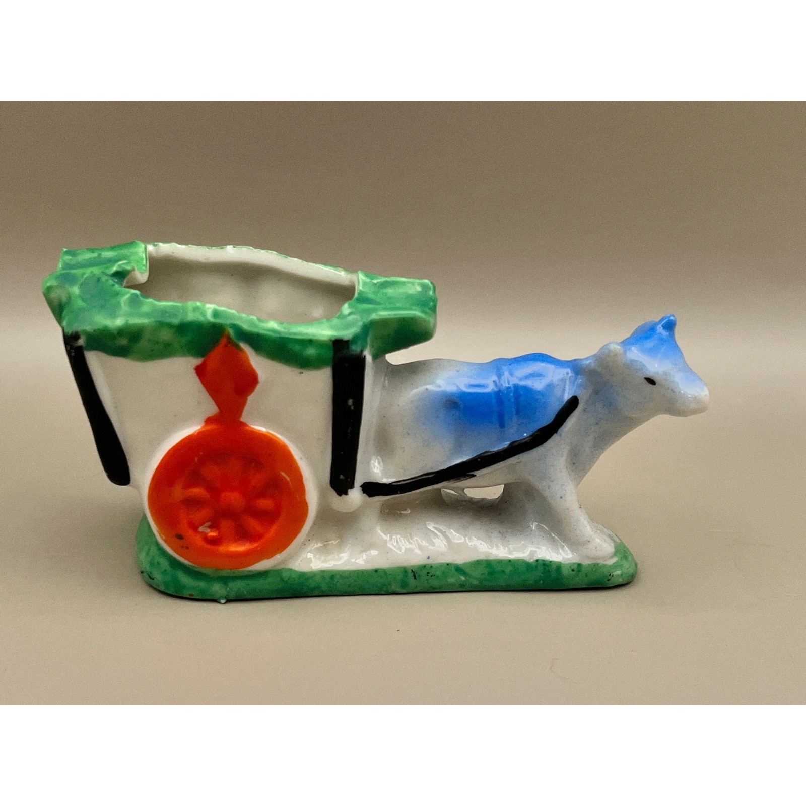 Vtg Japan Ceramic Ox and Cart Toothpick Holder Figurine Hand Painted Ashtray 4″