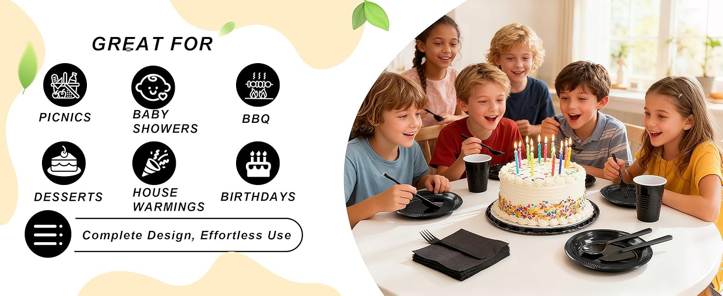 210 PCS Black Plastic Plates for 30 Guests – Disposable Dinnerware Set Including