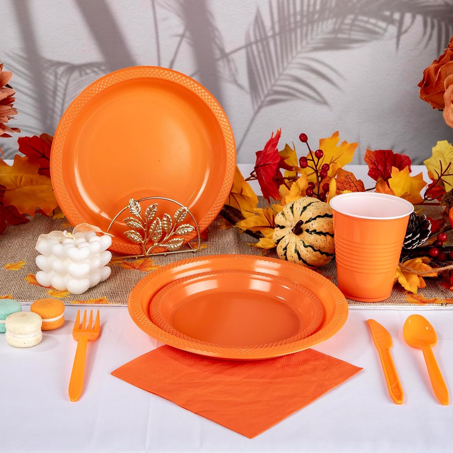 210Pcs Orange Disposable Plates,Plastic Dinnerware Set for Party,Includes: