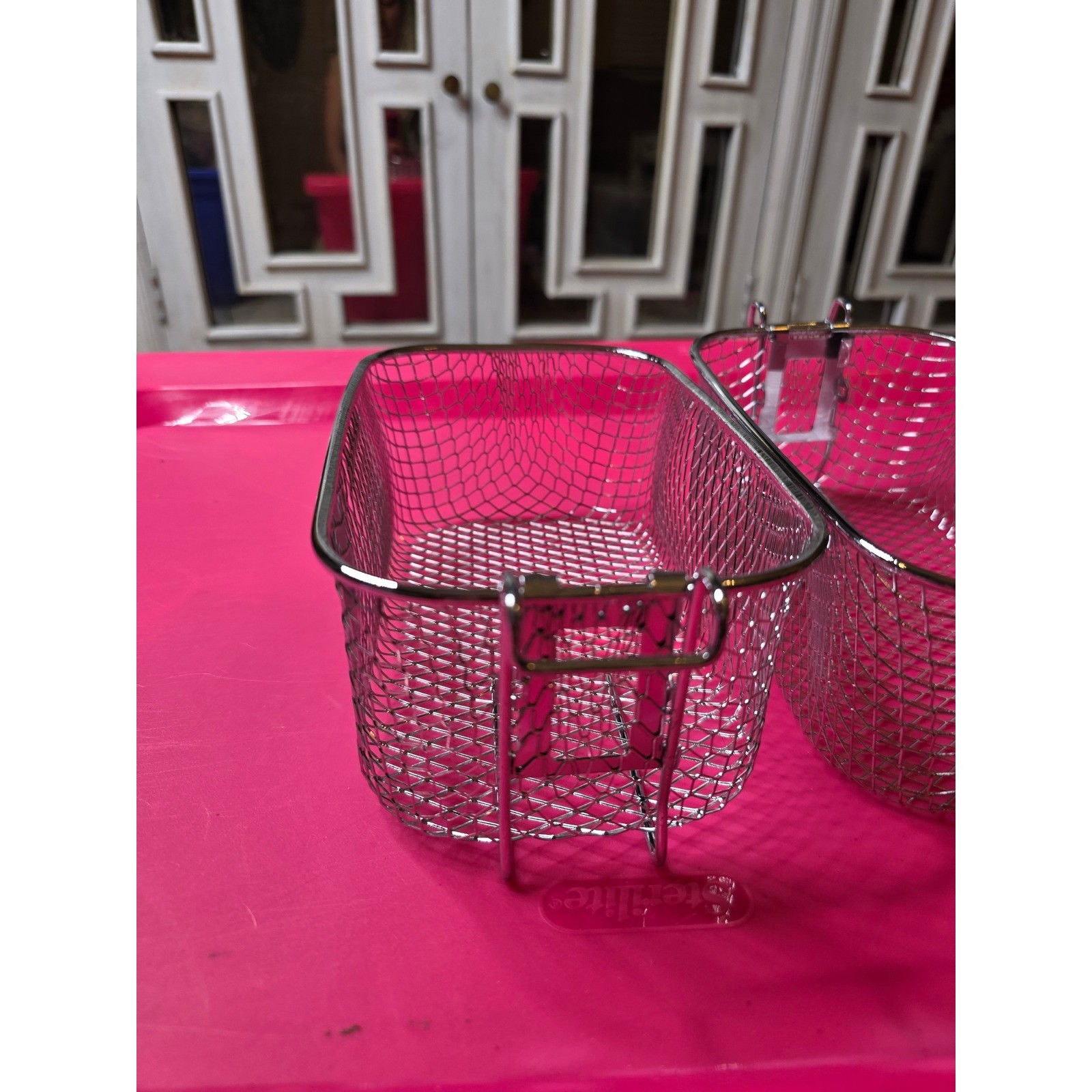Set of 2 Silver Wire Mesh Deep Fryer Baskets with Hooks 8×4.5×4 Rectangular