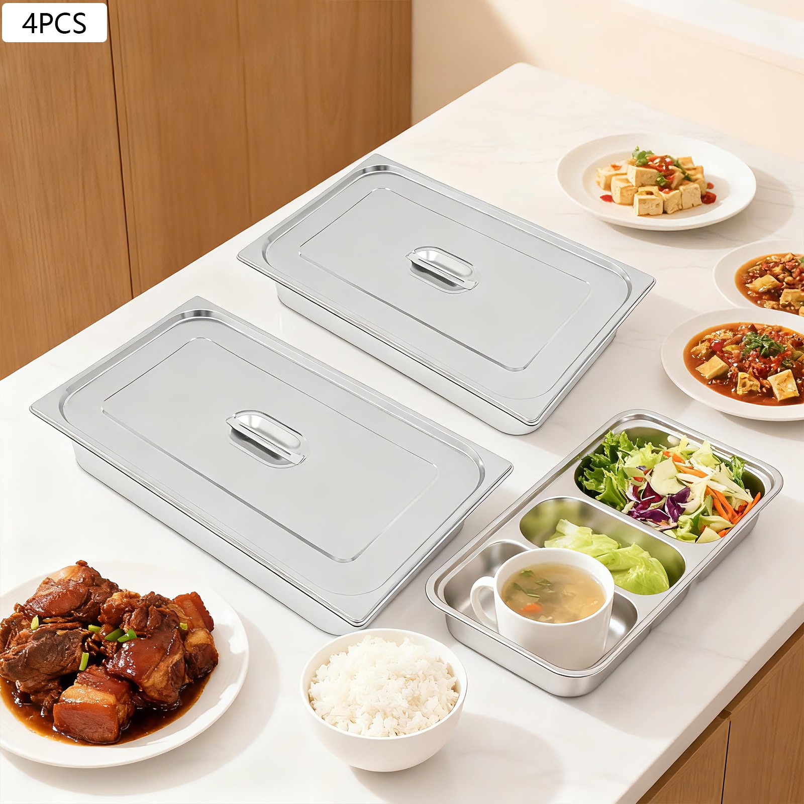 4Pcs 7.5L Capacity Food Pans 201 Stainless Steel with Lids for Restaurant