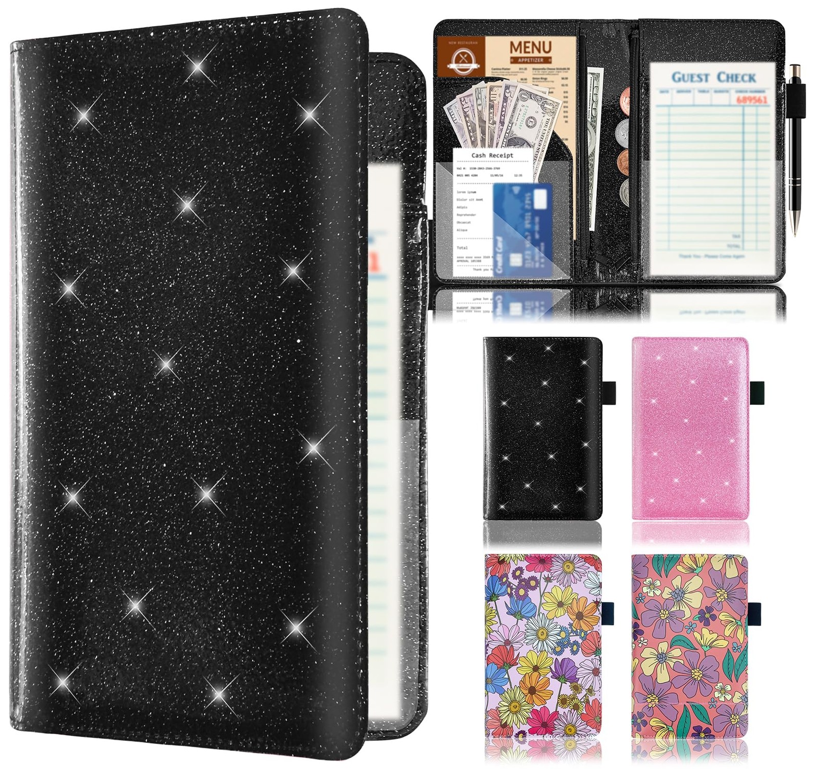 Server Book with 2 Zipper Pockets, Leather Glitter Black