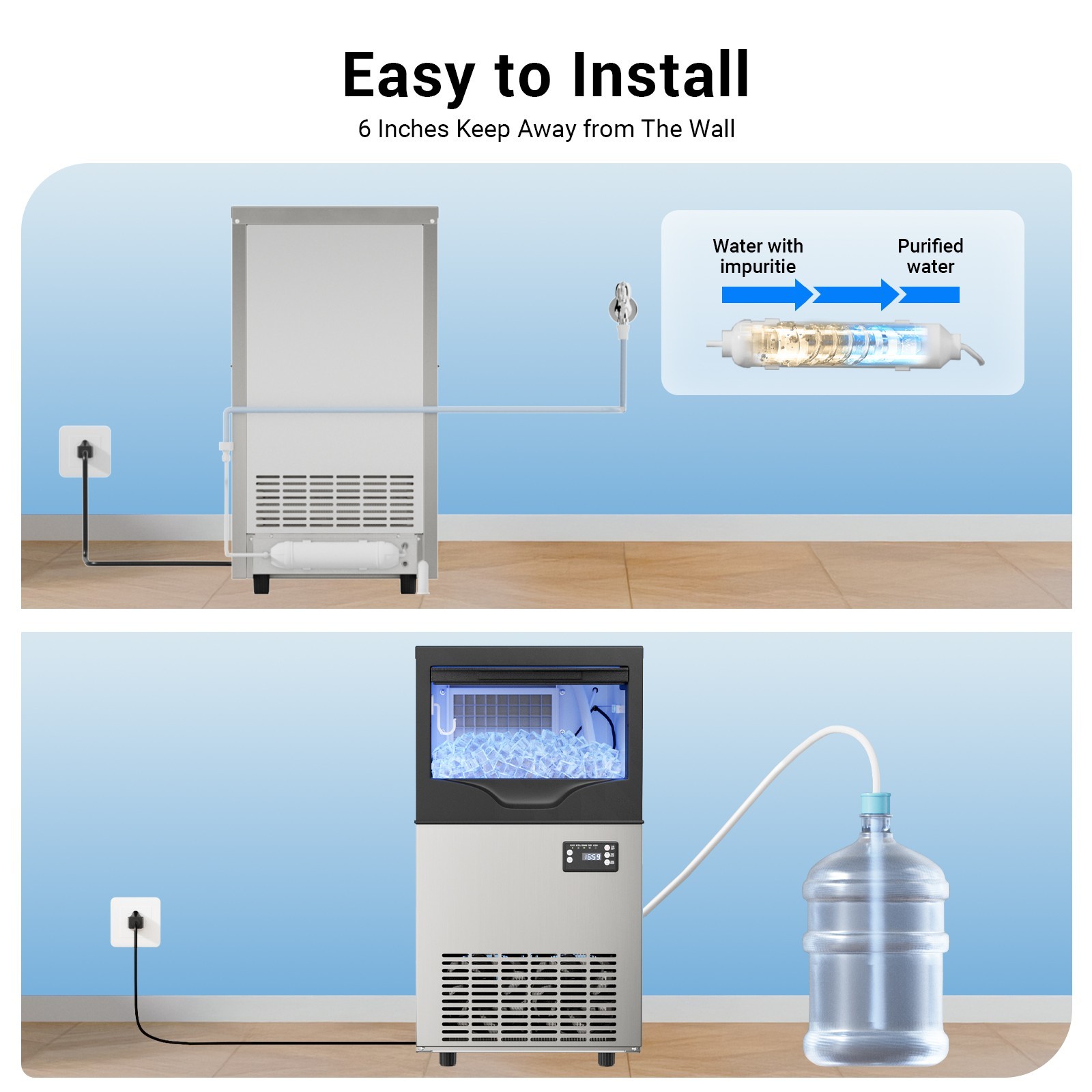 100LB/24h Built-In Commercial Ice Maker Stainless Ice Cube Machine Freestanding