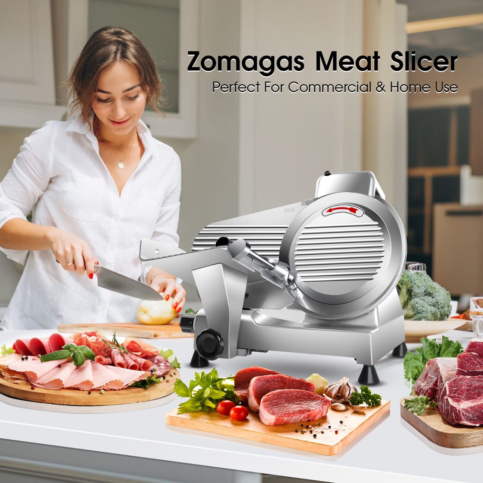 Zomagas Meat Slicer Machine 10″ 240W Frozen Meat Cheese Deli Slicer Restaurant