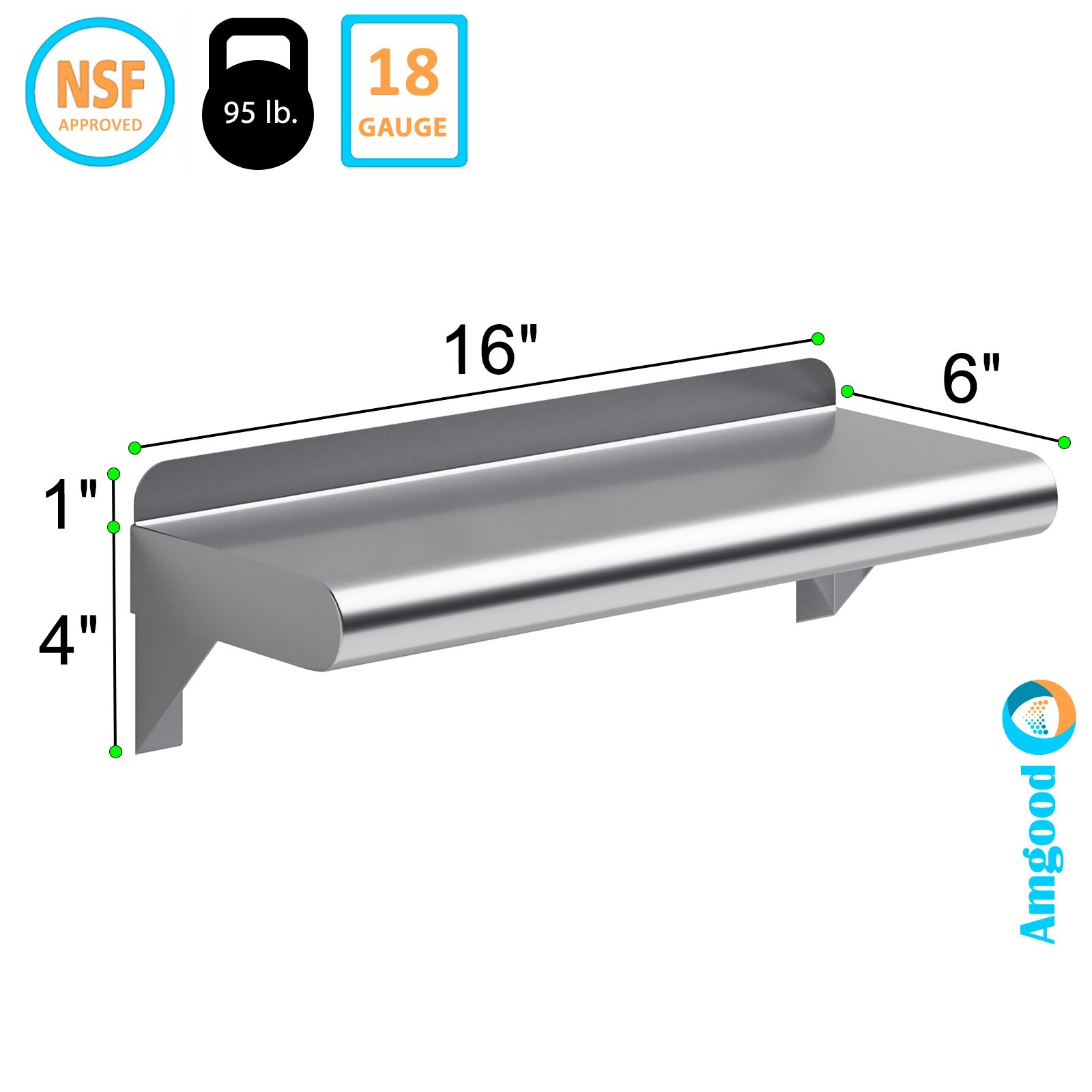 6″ x 16″ Metal Shelf | NSF Stainless Steel Wall Mount Floating Shelving