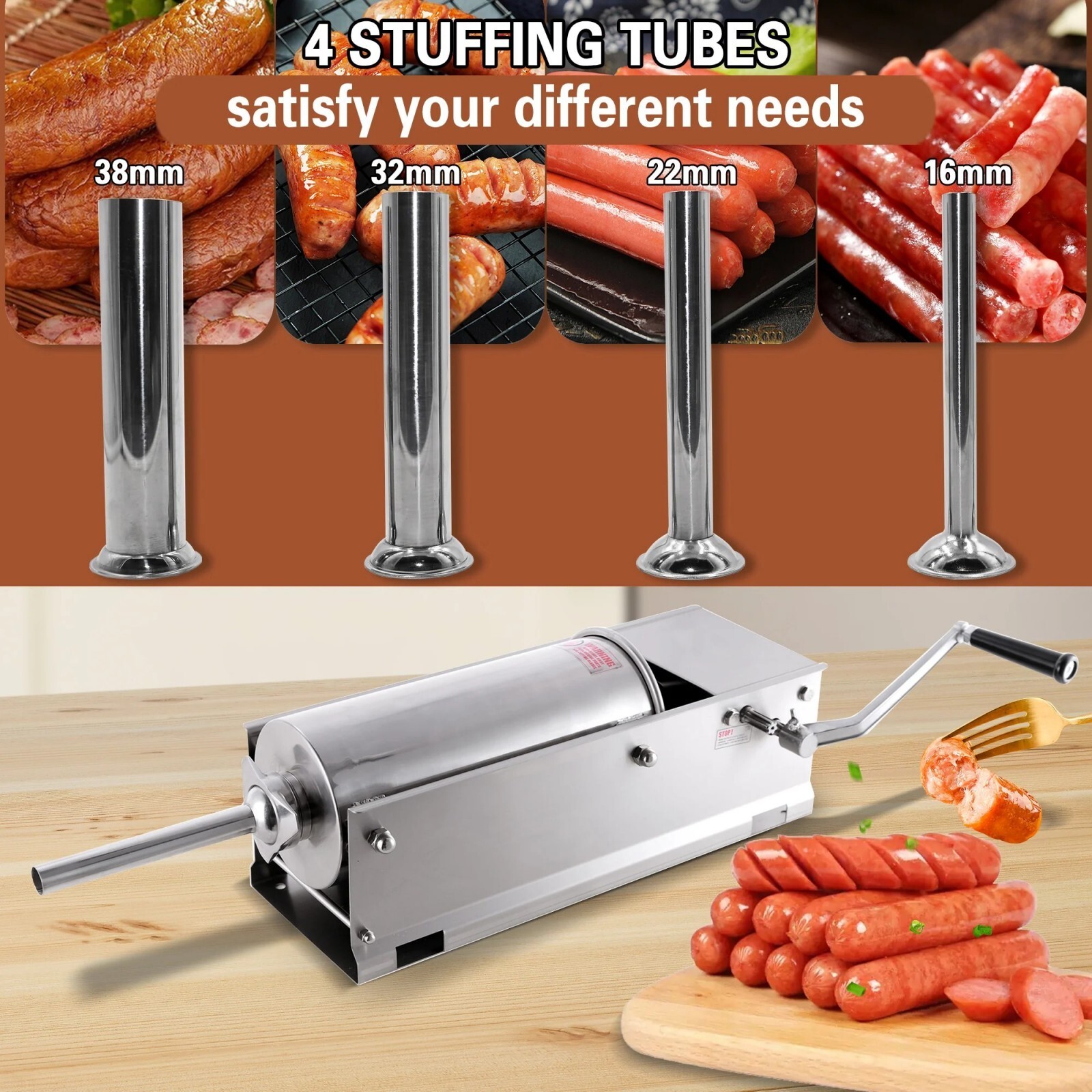 Hakka Horizontal 3L 7LBS Sausage Stuffer Stainless Steel Meat Maker Press Filler