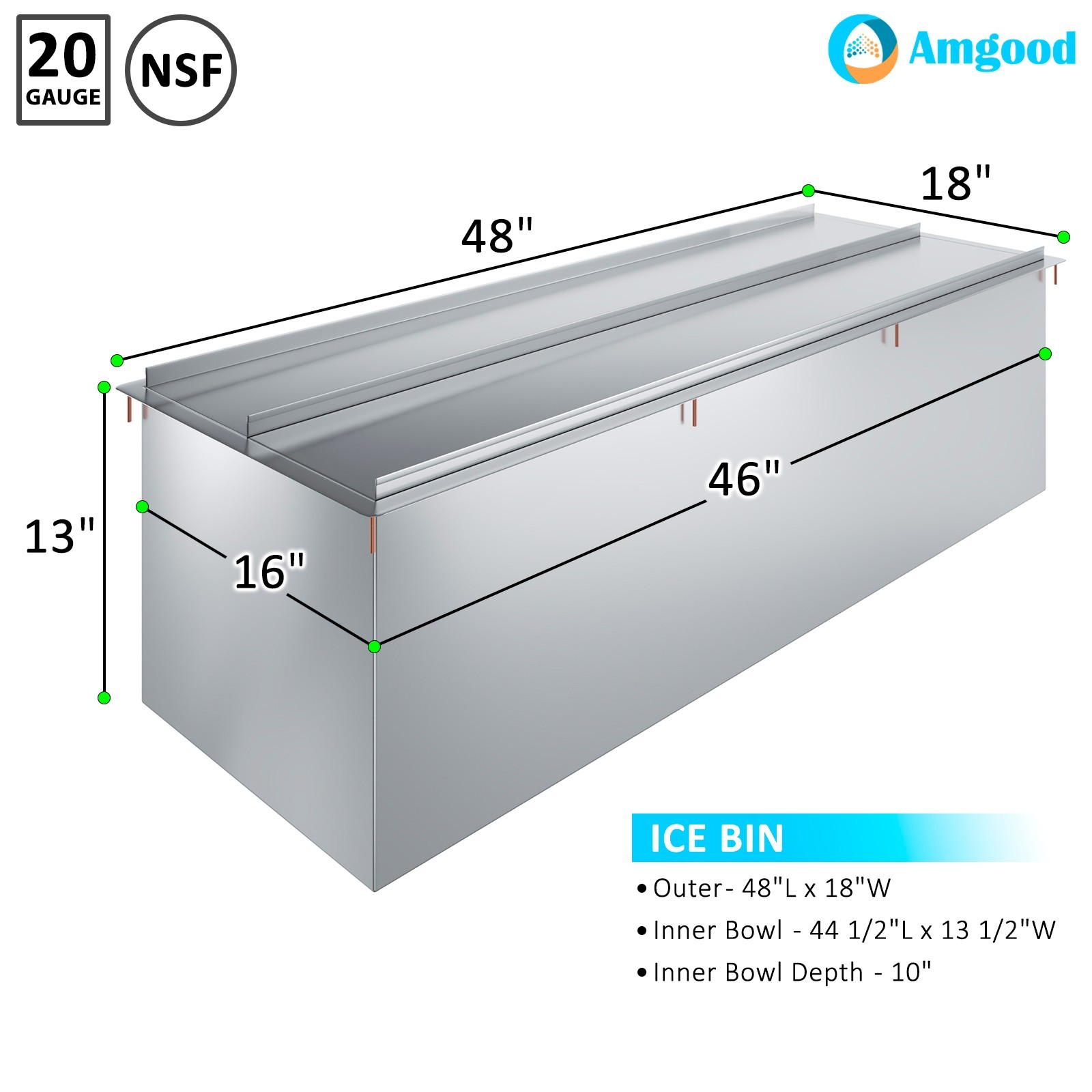 AmGood 18 in. x 48 in. Stainless Steel Drop-In Ice Bin with Sliding Lid