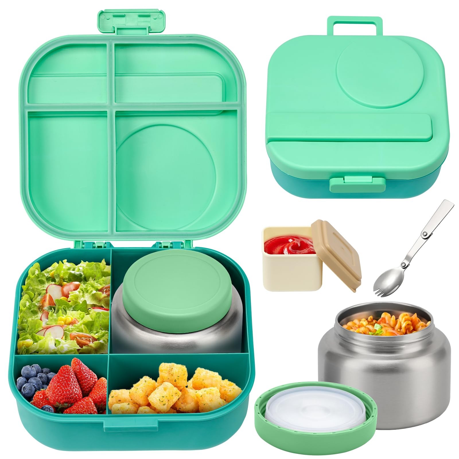 BOSEDSANG Bento Lunch Box with 12oz Soup Thermo,4 Compartments Lunch Box Contain