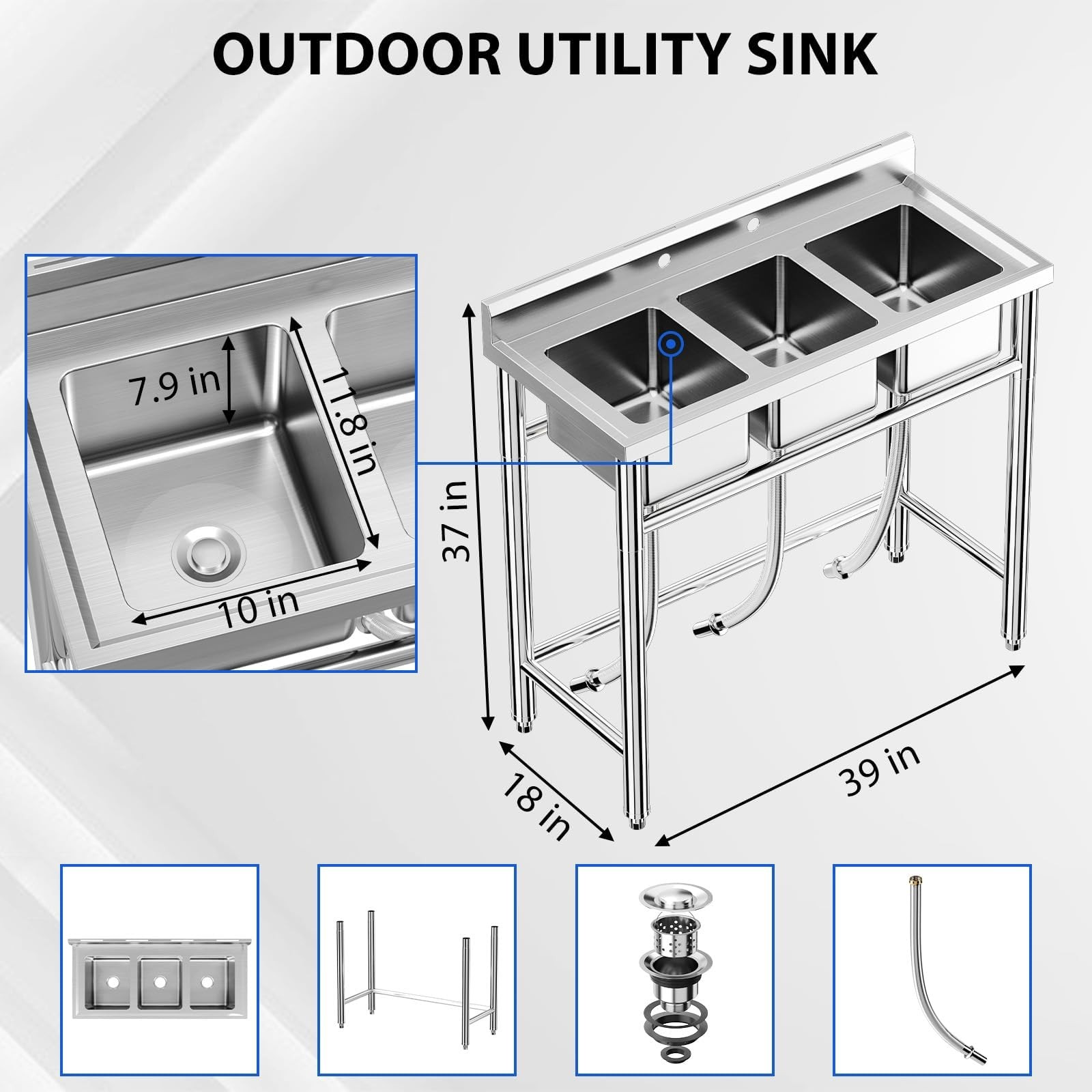 Kitchen Sink Stainless Steel Commercial 3 Compartment Utility Sink W/ Backsplash