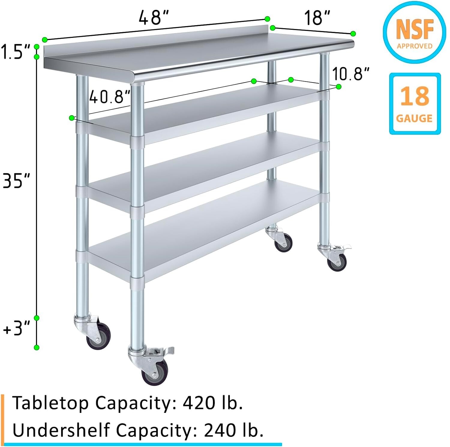 Stainless Steel Metal Work Table with 1.5″ Backsplash and 3 Shelves with Wheels