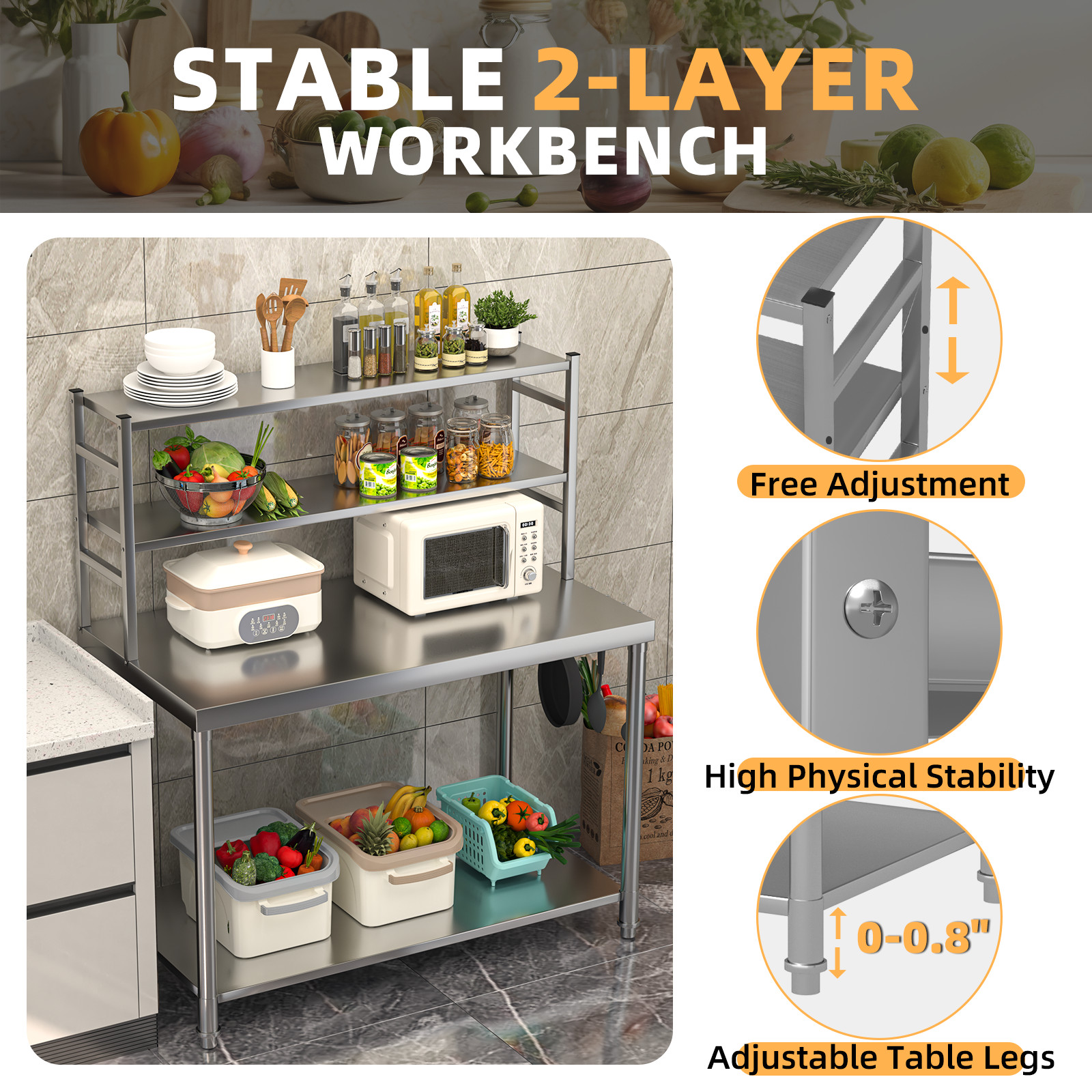 48″x24″ Stainless Steel Work Table Metal Prep Table 2 Adjustable Shelves Kitchen