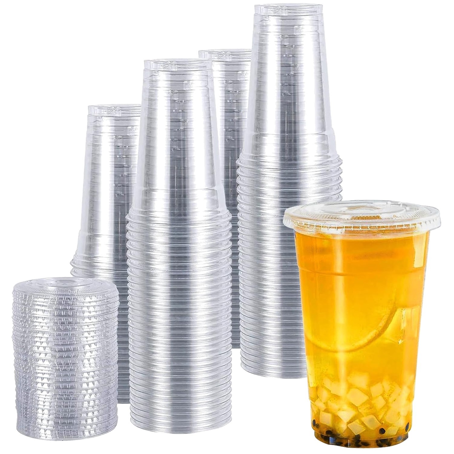 Durable 24 oz Plastic Cups with Flat Lids – 100 pcs
