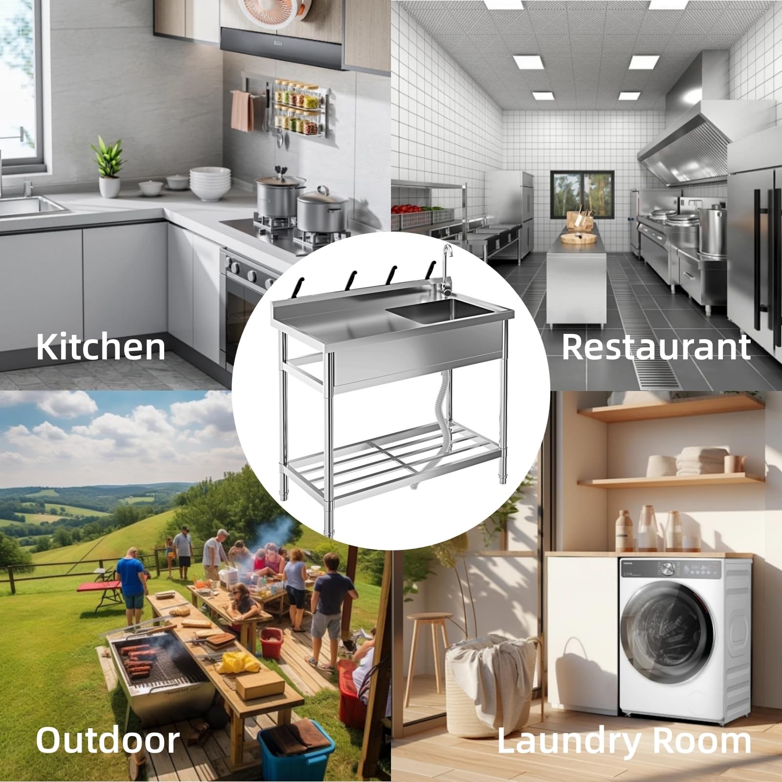 Stainless Steel Utility Sink Free Standing Single Bowl Commercial Kitchen Sink