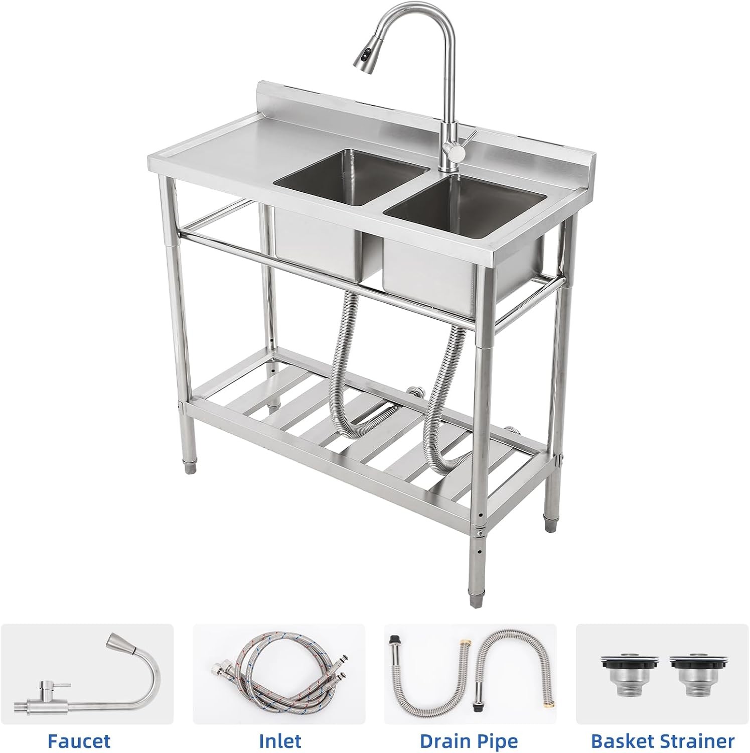 39″x18″x40″ Kitchen Sink Commercial 2 Compartments Stainless Steel Utility Sink