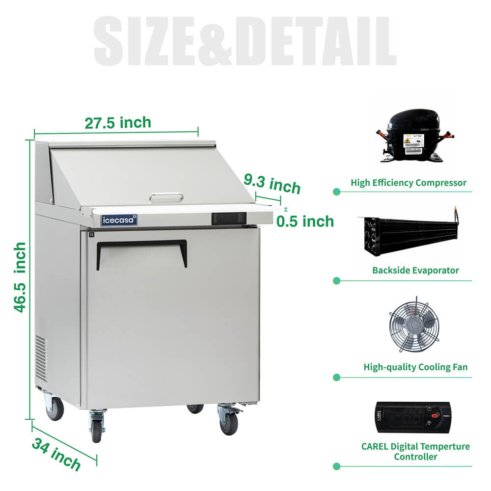 27″ Mega Top Sandwich Prep Table Fridge, ICECASA 1 Door Food Bain Marie Cooler