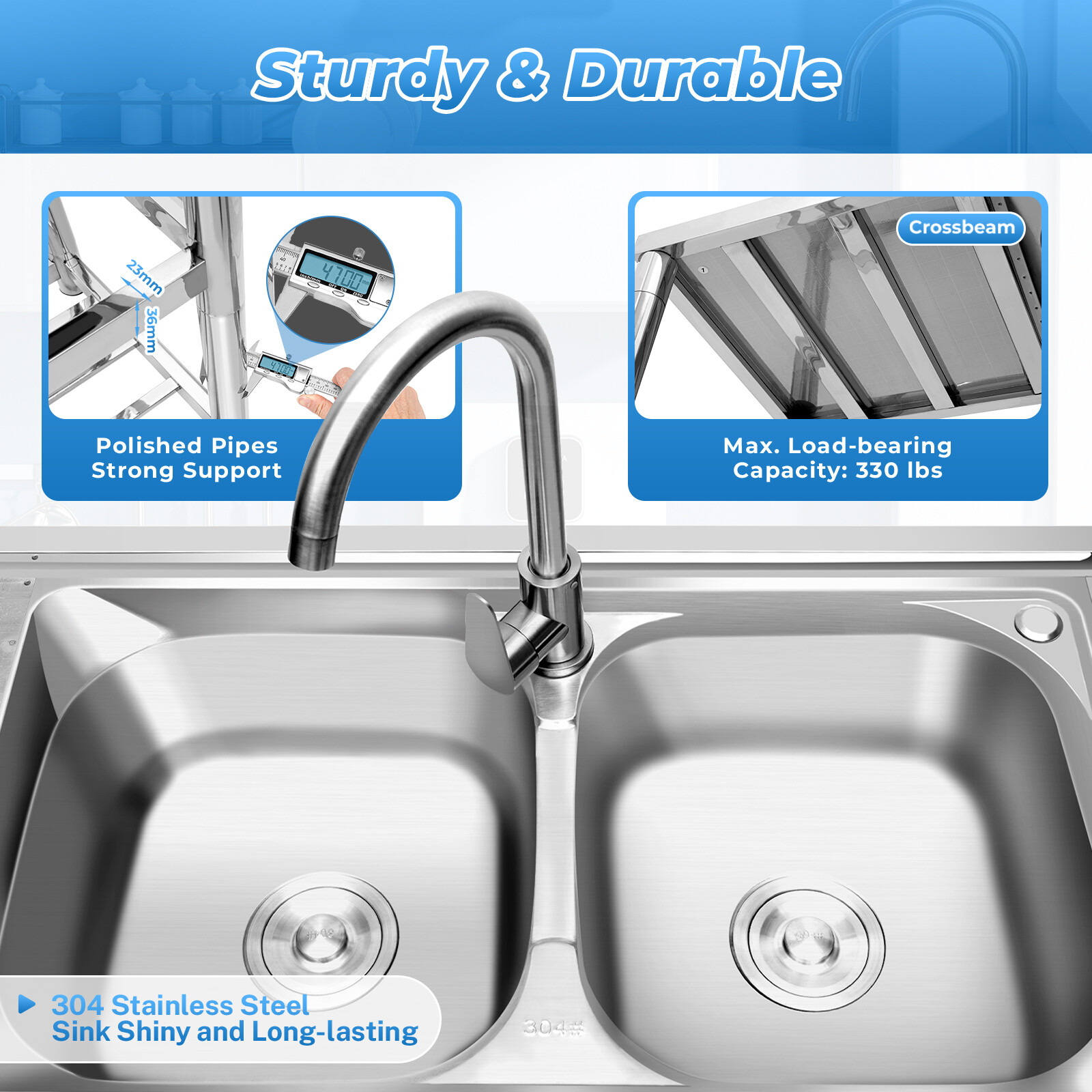 Free Standing Stainless-Steel Double Bowl Kitchen Utility Sink Set w/ Prep Table