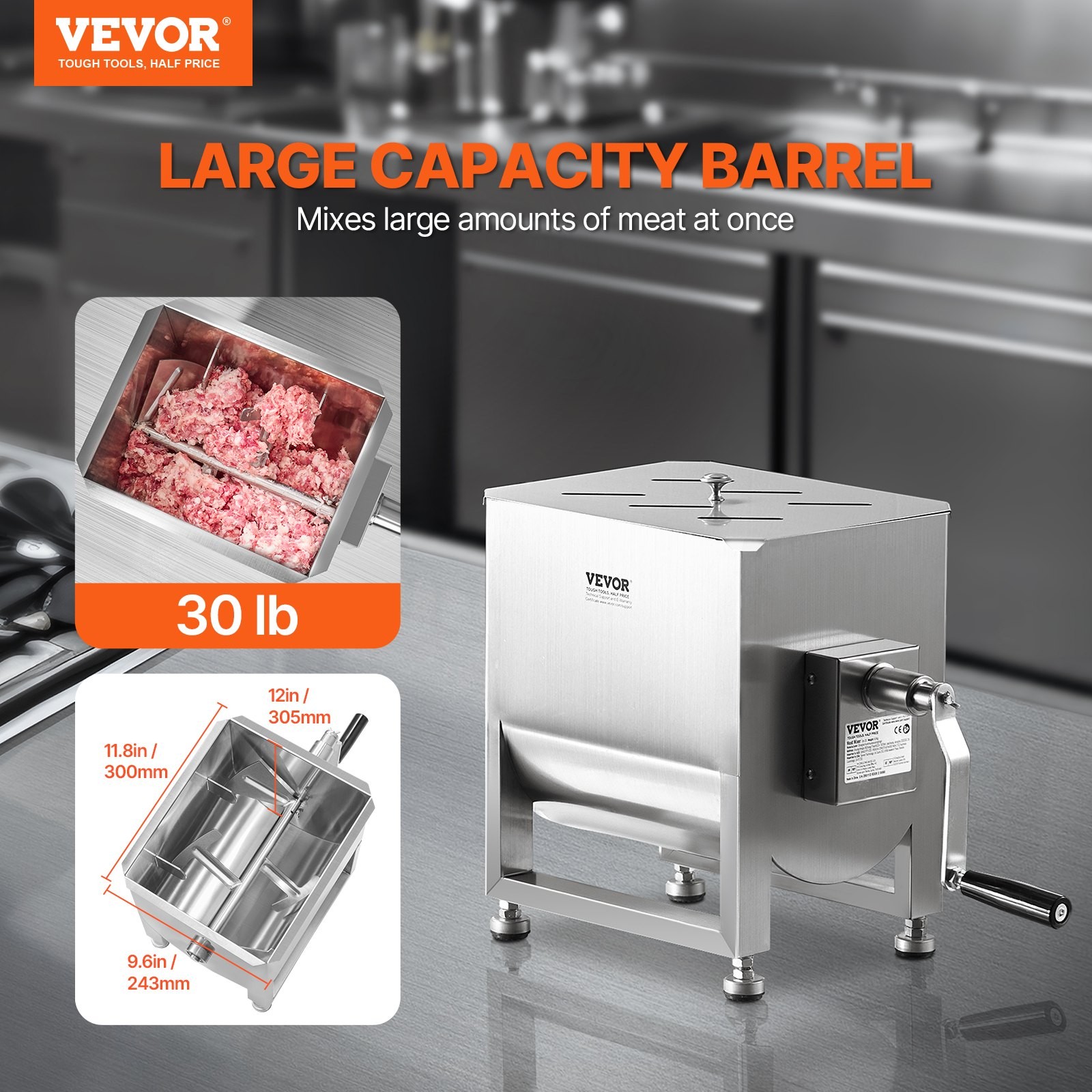 Manual Meat Mixer, 20L Fixed Tank Meat Processing Equipment(Mixing Max 30LBS for