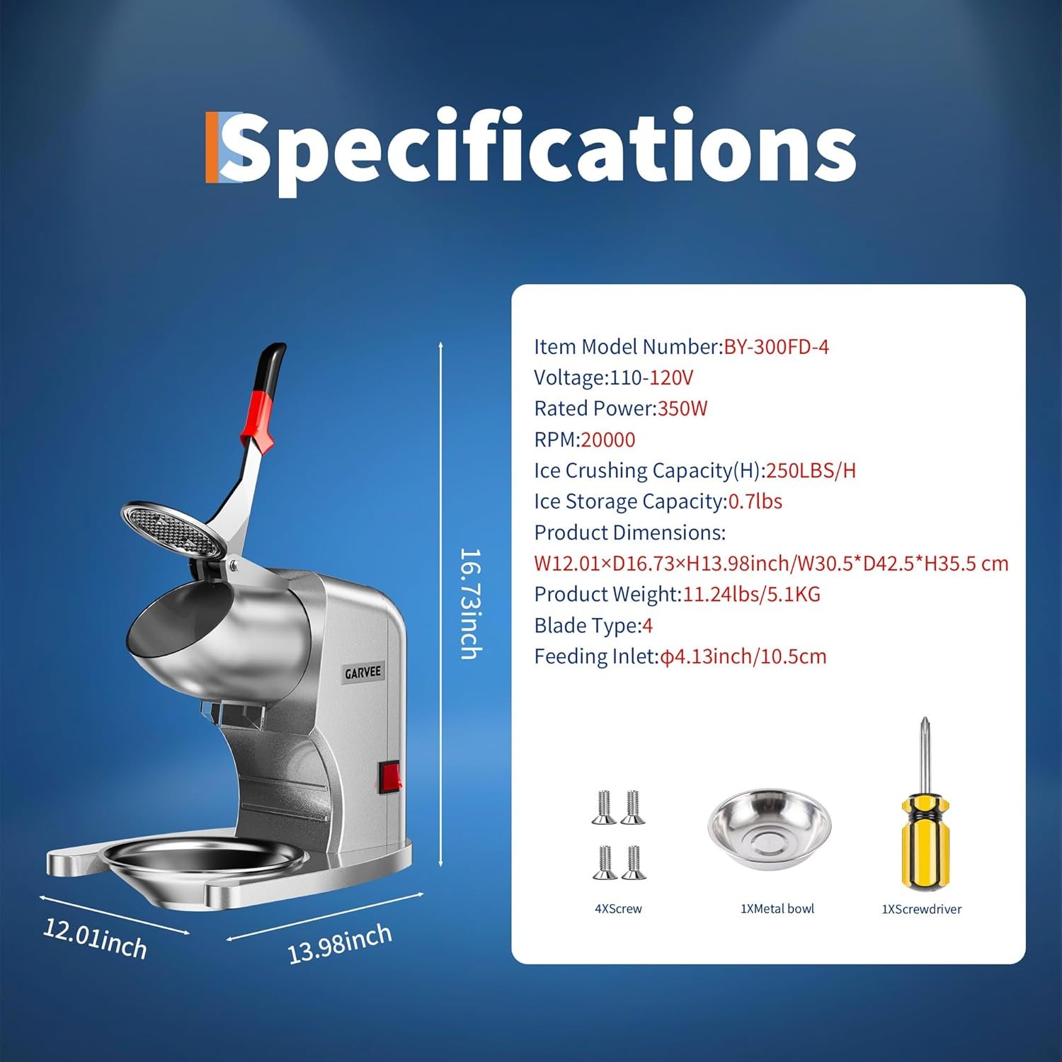 Commercial 250LBS/H Shaved Ice Machine Ice Crusher 2000RPM Snow Cone Machine