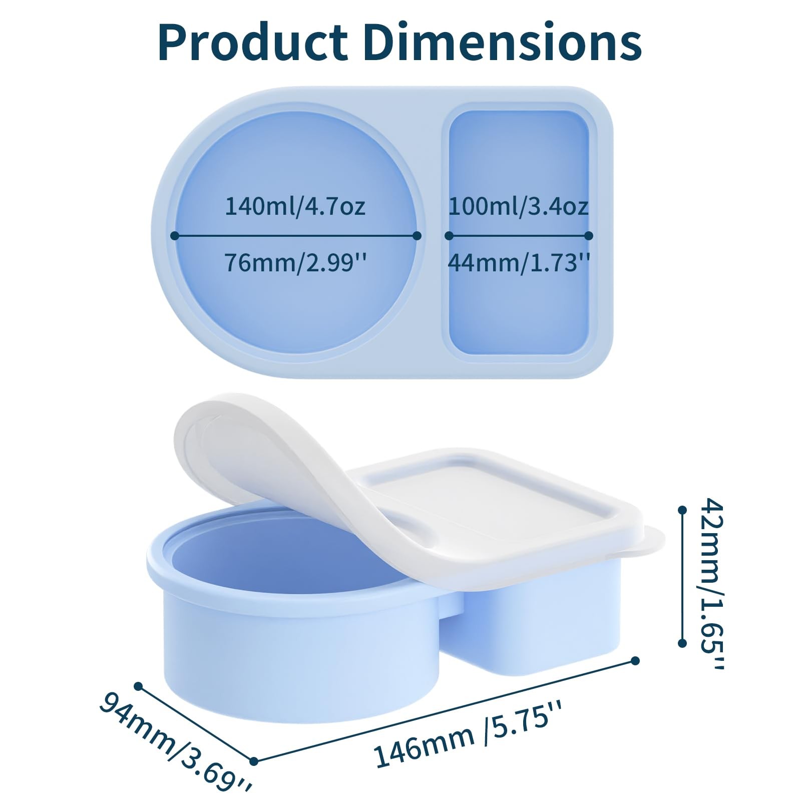 5 Pack Silicone Snack Containers, 2 Compartments Mini Size, Rainbow Color