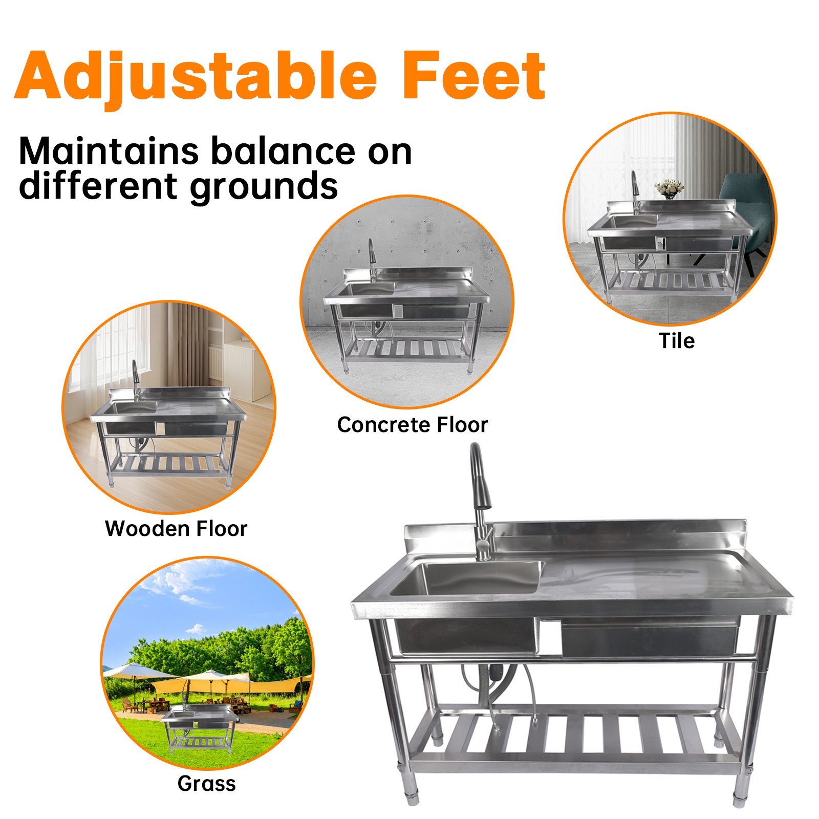 Freestanding Stainless Steel Utility Sink with Cabinet Pull-Out Faucet